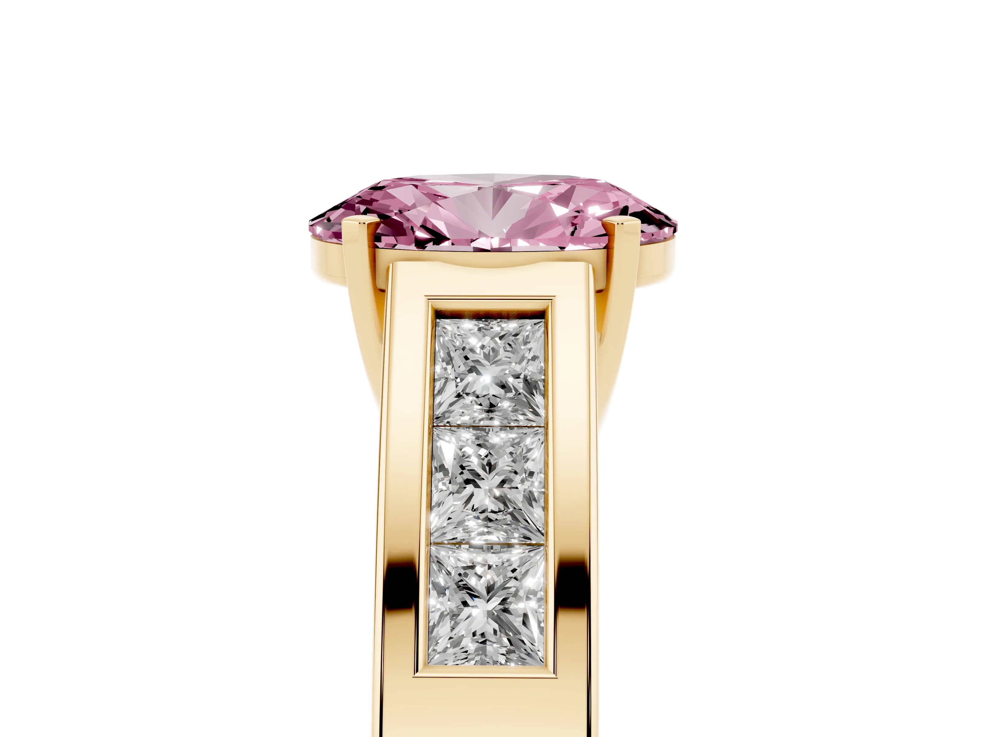 Fancy Pink Oval Cut Diamond Solitaire Ring Set in Yellow gold with Channel-Set Accent Stones and Prong Setting