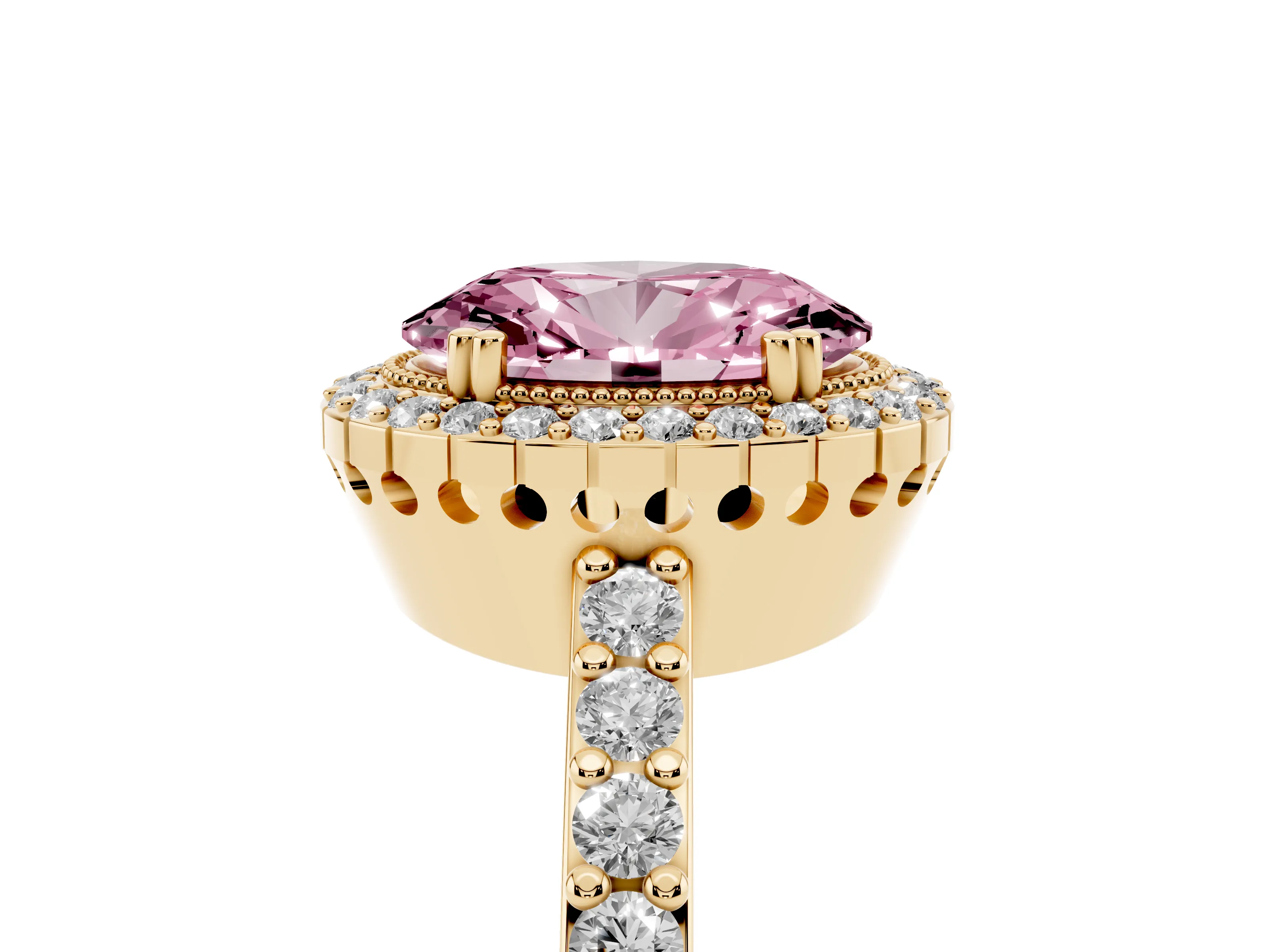 Fancy Pink Oval Cut Diamond Halo Engagement Ring Set in Yellow gold with Milgrain Detail and Pavé Band