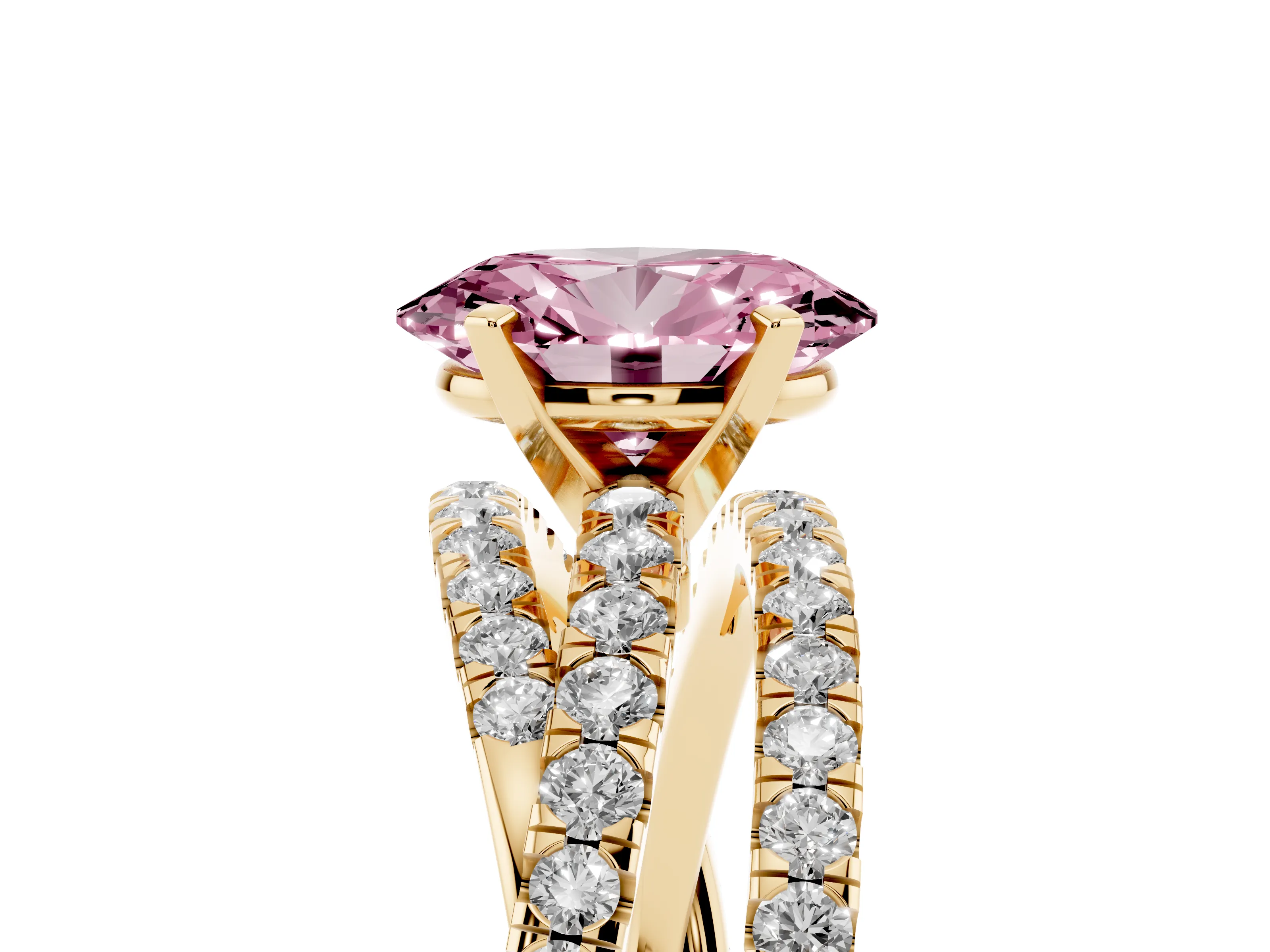 Fancy Pink Oval Cut Diamond Solitaire Twist Band Ring Set in Yellow gold with Pavé Setting and Prong Head