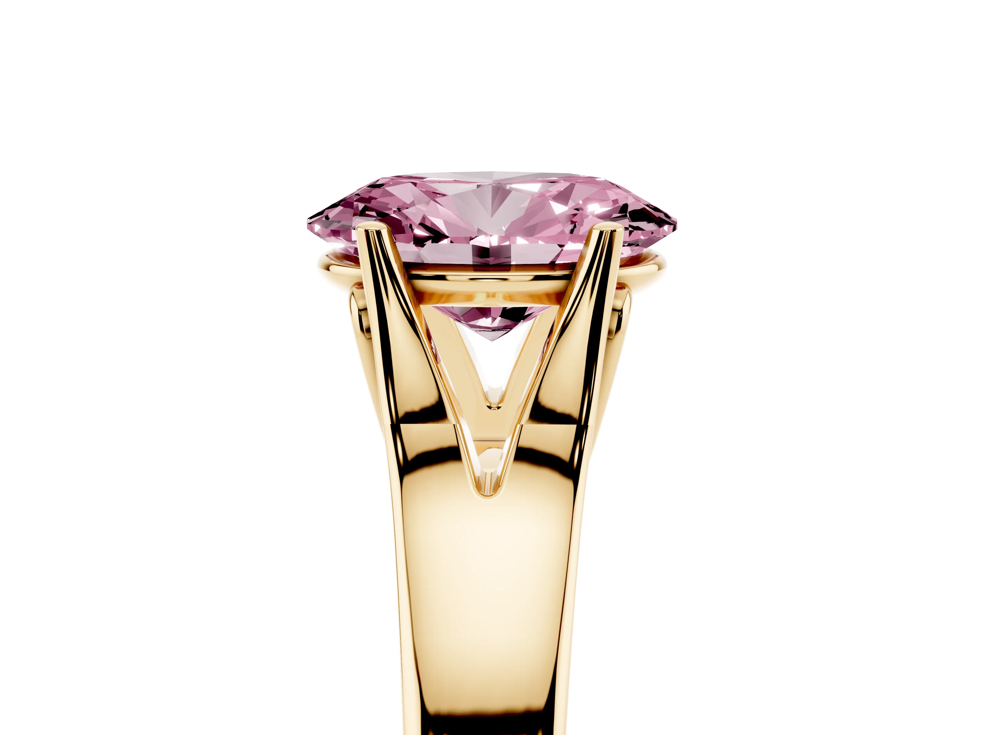 Fancy Pink Oval Cut Diamond Solitaire Ring Set in Yellow gold with Arched Cathedral Band and Prong Setting