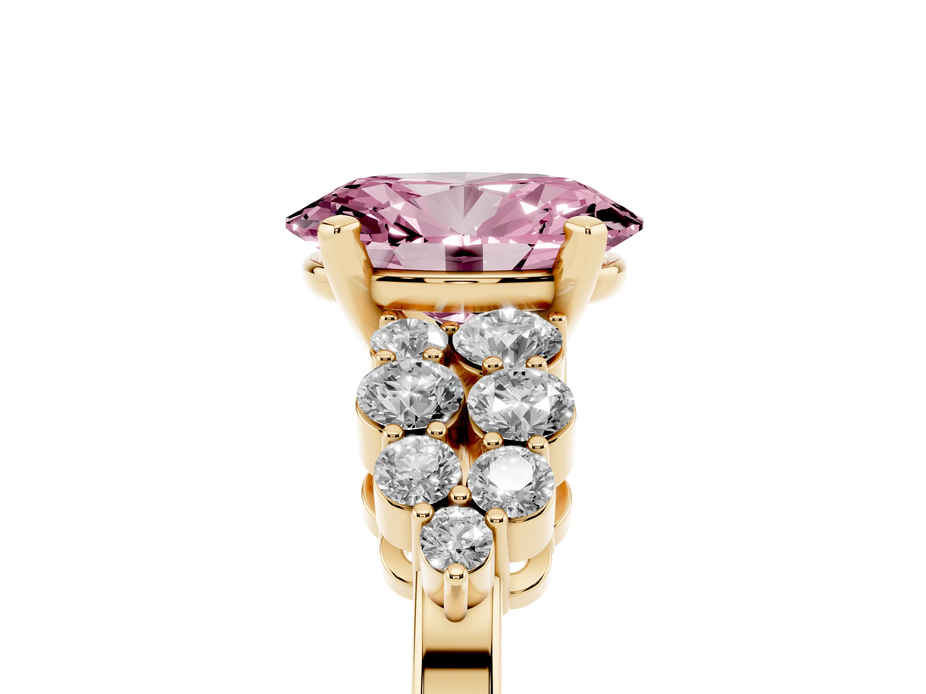 Fancy Pink Oval Cut Diamond Cluster Engagement Ring Set in Yellow gold with Pavé Band and Prong Setting