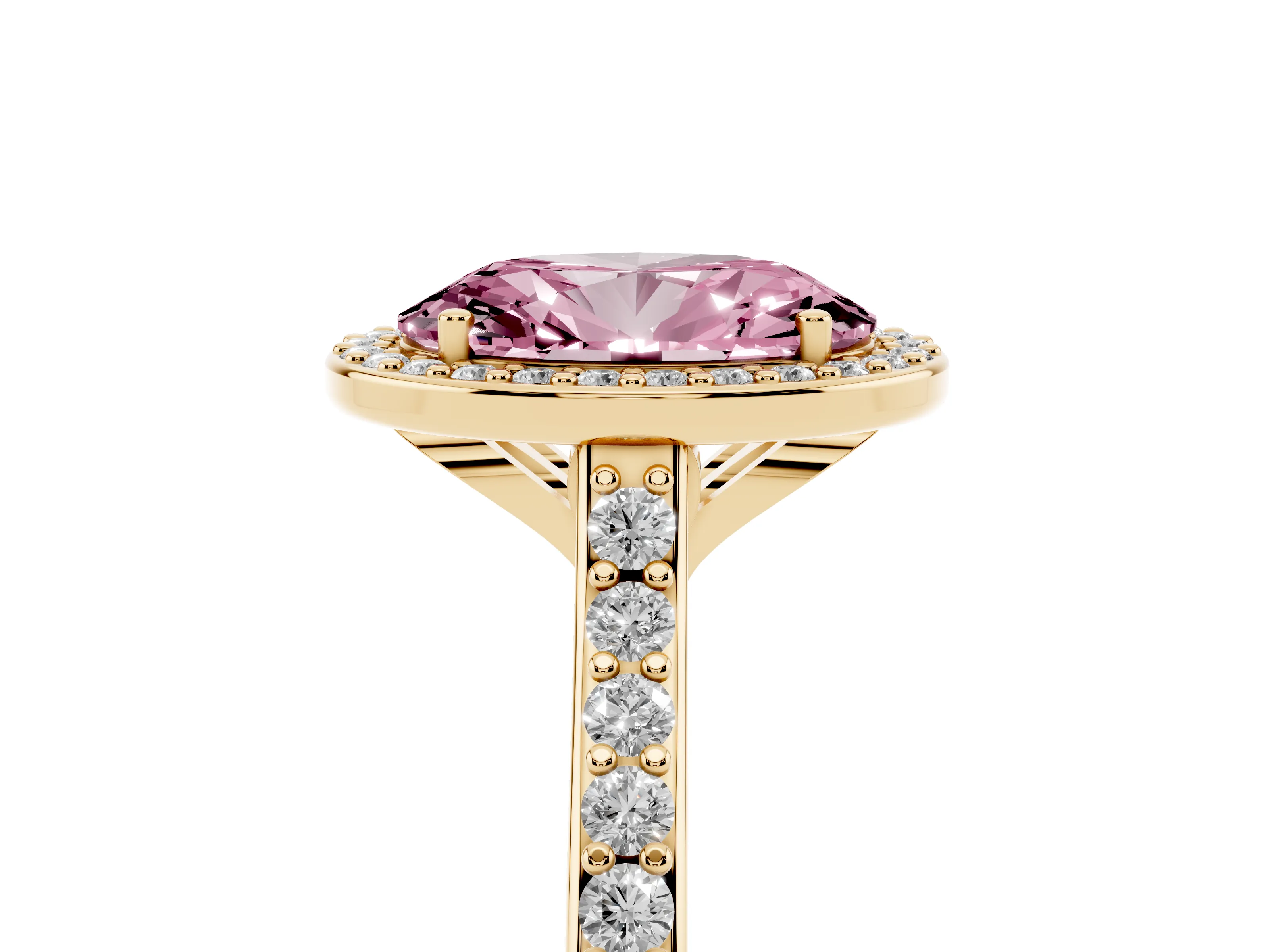 Fancy Pink Oval Cut Diamond Halo Engagement Ring Set in Yellow gold with Round Pavé Shoulders and Heart Gallery