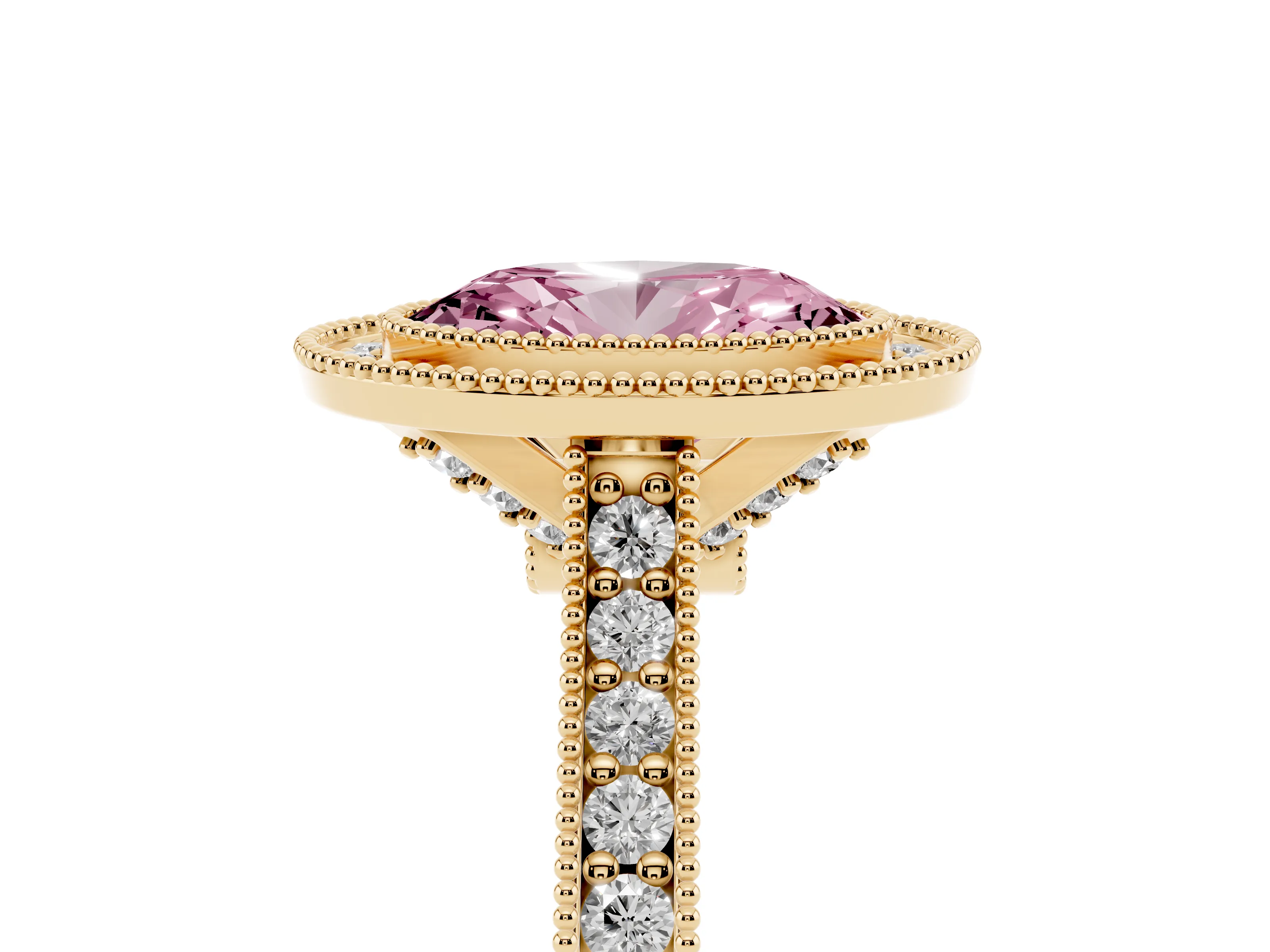 Fancy Pink Oval Cut Diamond Halo Milgrain Pavé Band Ring Set in Yellow gold with Prong Setting