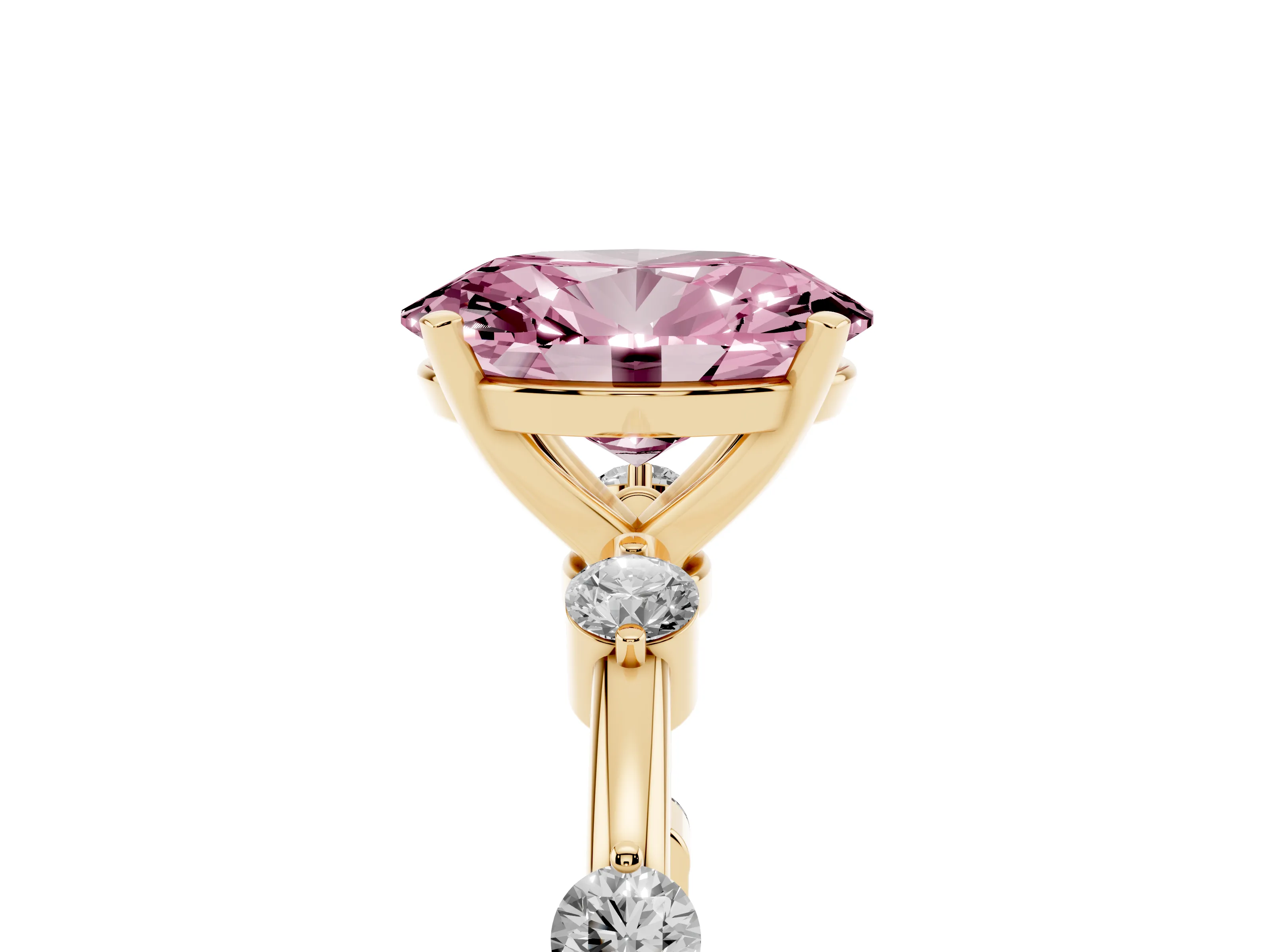 Fancy Pink Oval Cut Diamond Solitaire Ring Set in Yellow gold with Bezel Set Side Stones and Prong Setting