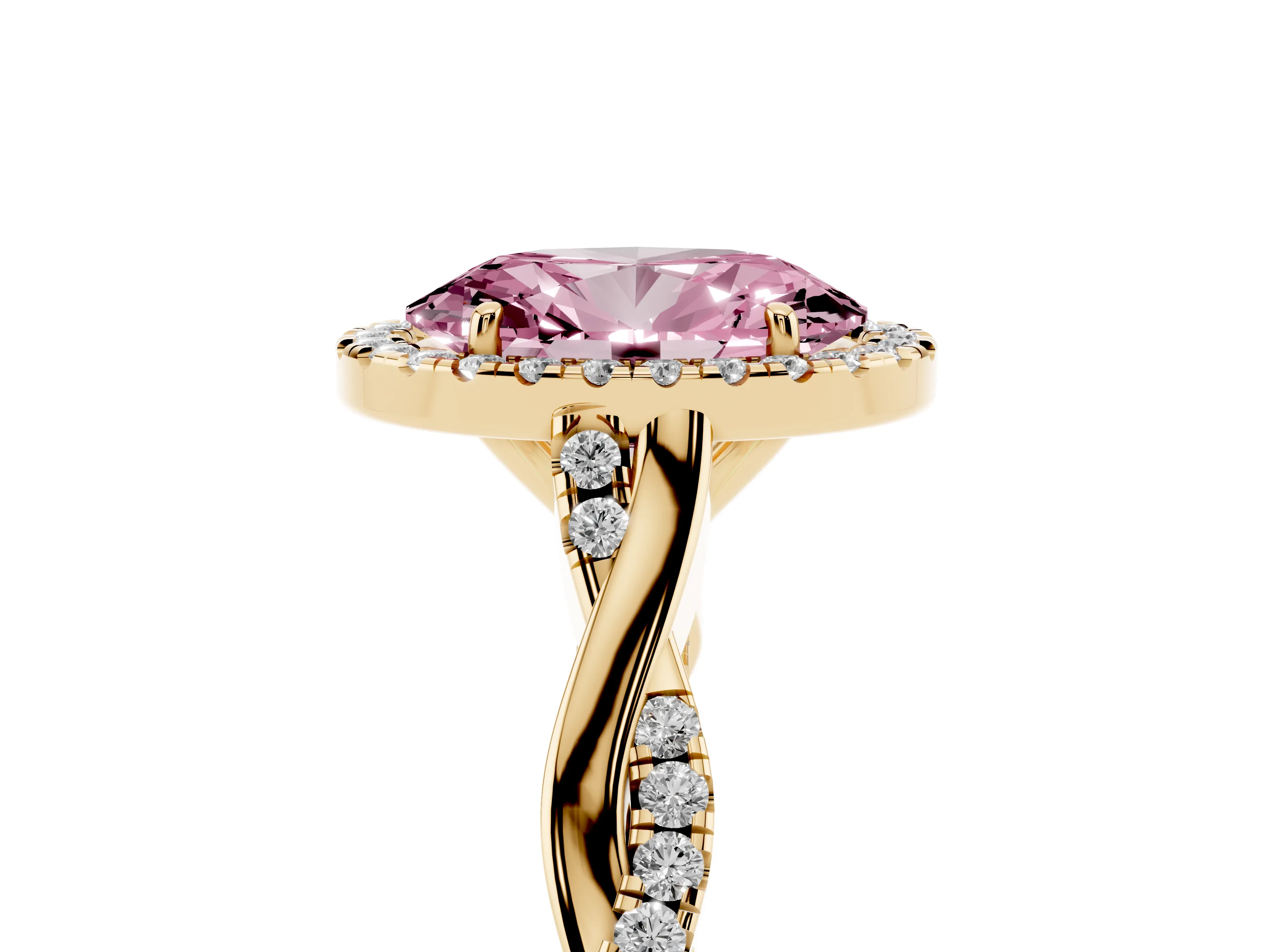 Fancy Pink Oval Cut Diamond Halo Twist Band Solitaire Ring Set in Yellow gold with Prong Setting