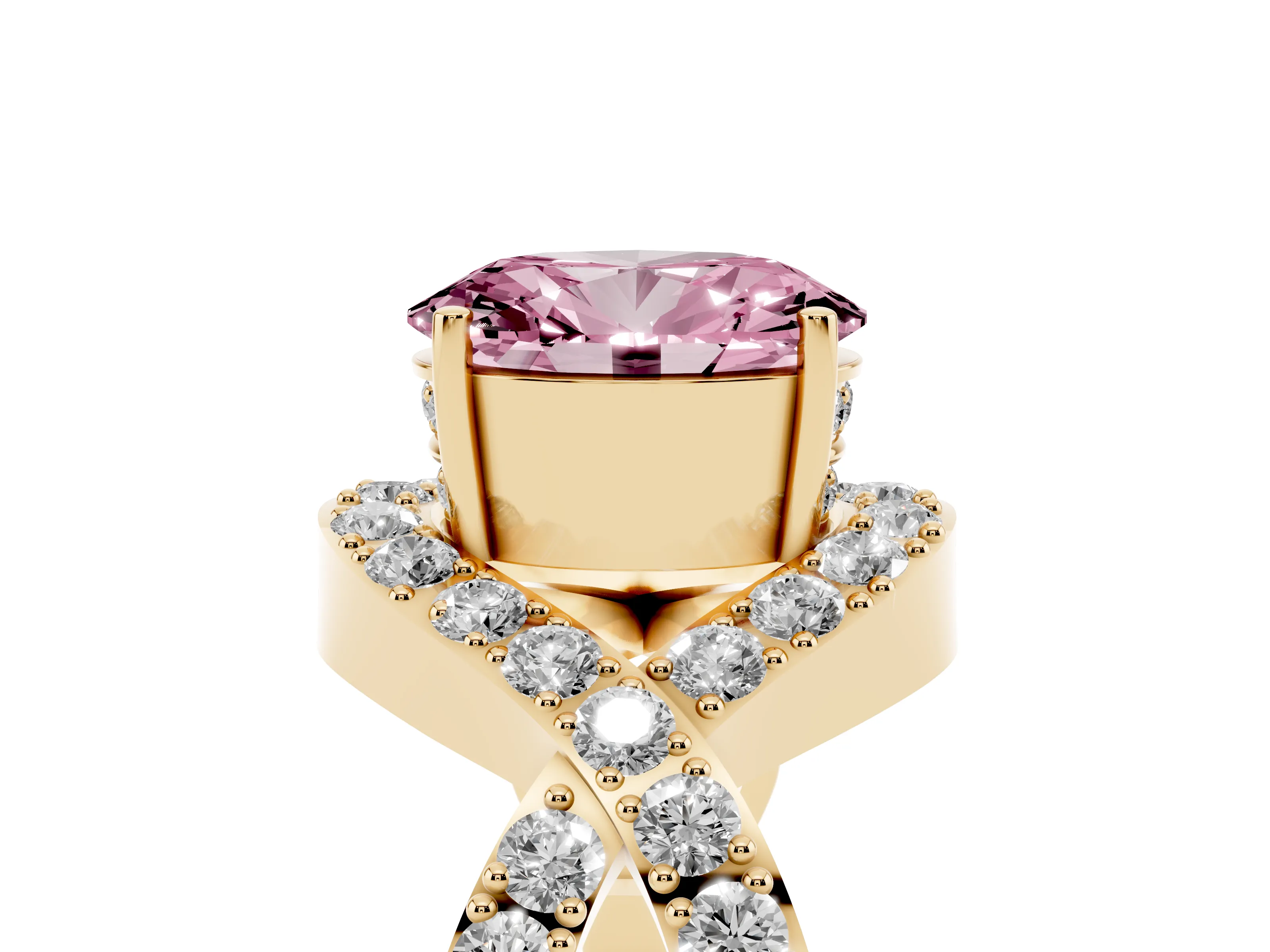 Fancy Pink Oval Cut Diamond Solitaire Twist Band Pavé Engagement Ring Set in Yellow gold