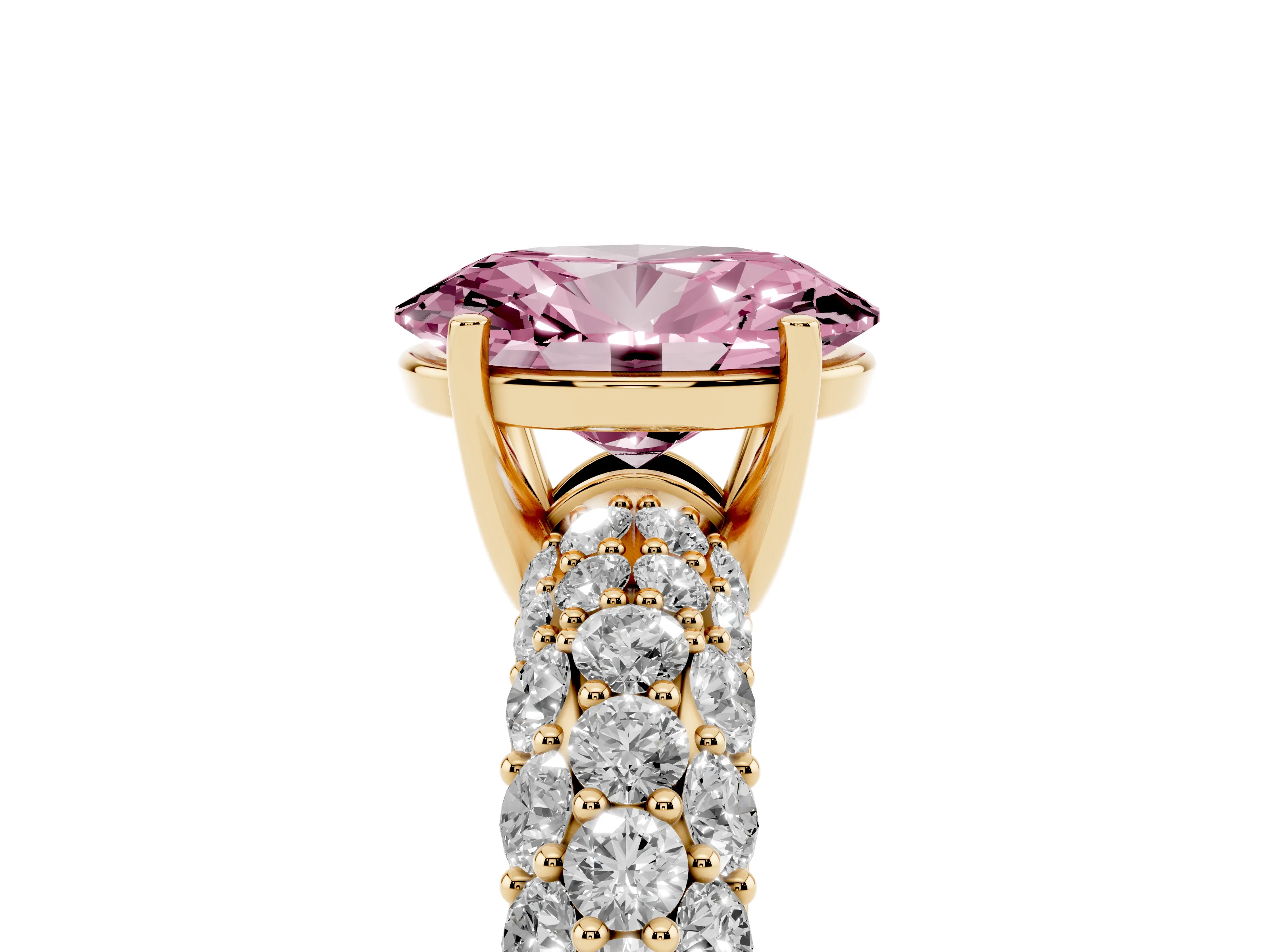 Fancy Pink Oval Cut Diamond Pavé Band Solitaire Ring Set in Yellow gold with Close-Set Accent Stones and Prong Setting