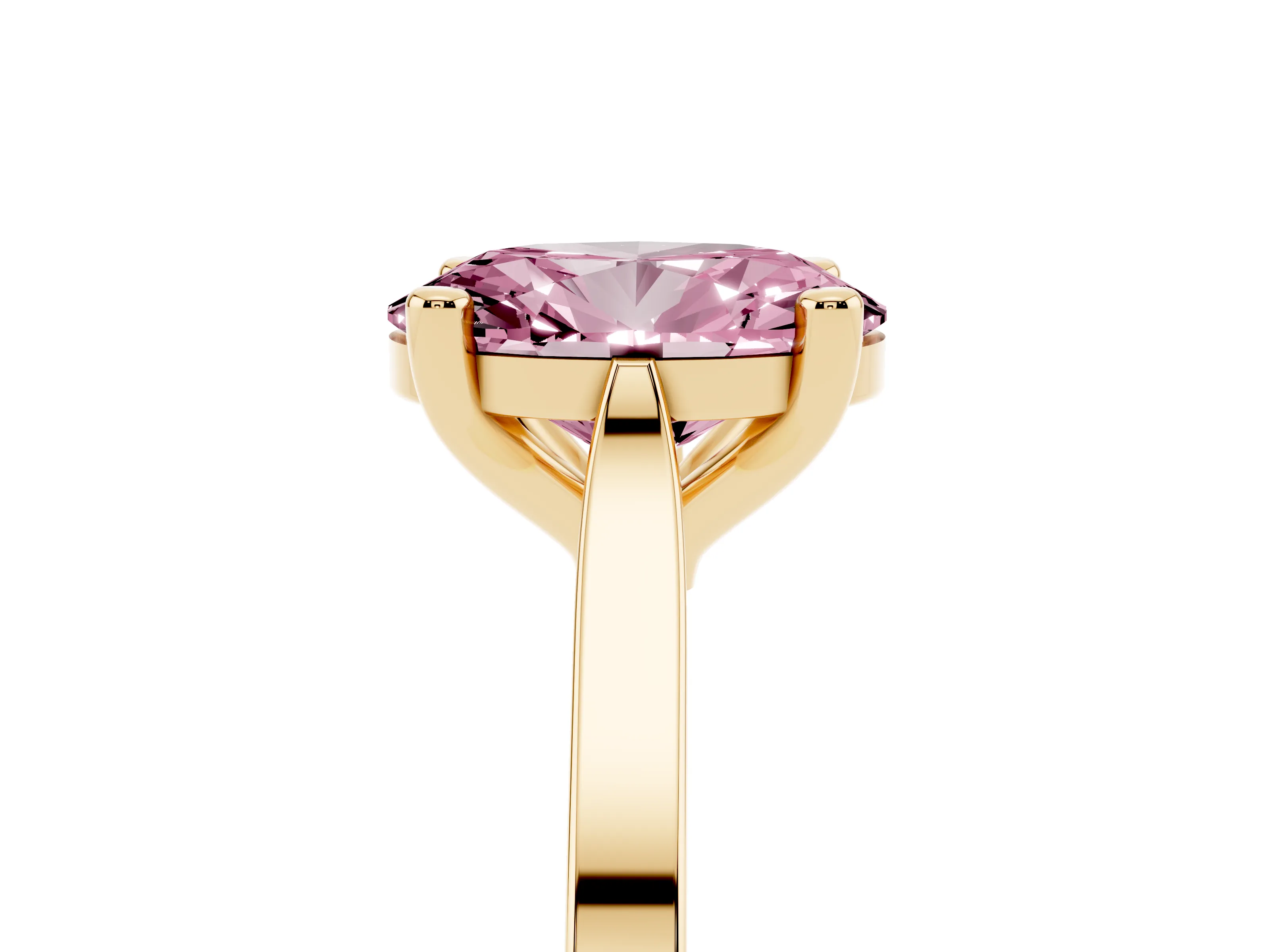Fancy Pink Oval Cut Diamond Solitaire Ring Set in Yellow gold with Prong Setting and Tapered Band