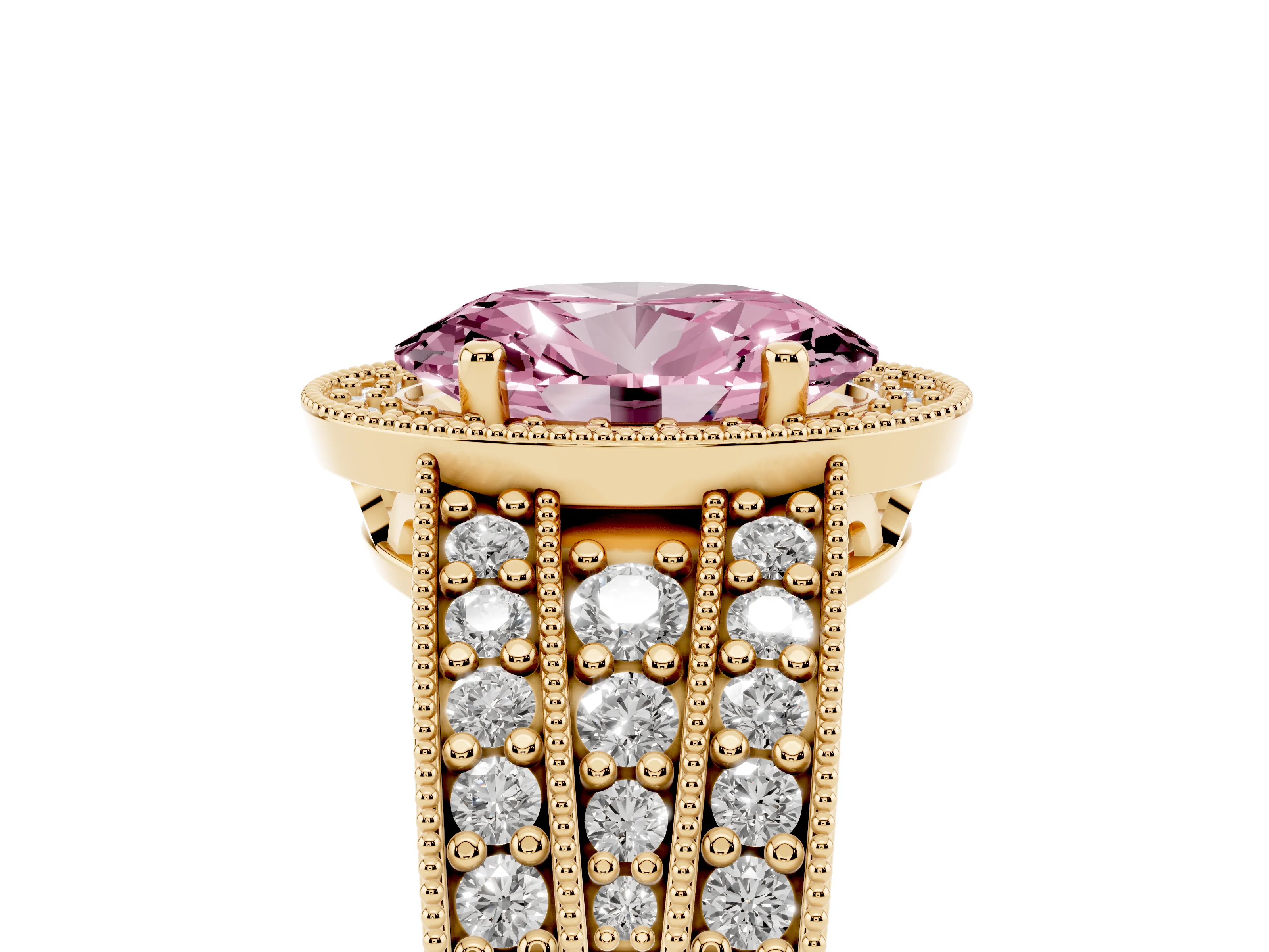 Fancy Pink Oval Cut Diamond Halo Ring Set in Yellow gold with Accent Split Shank and Prong Setting
