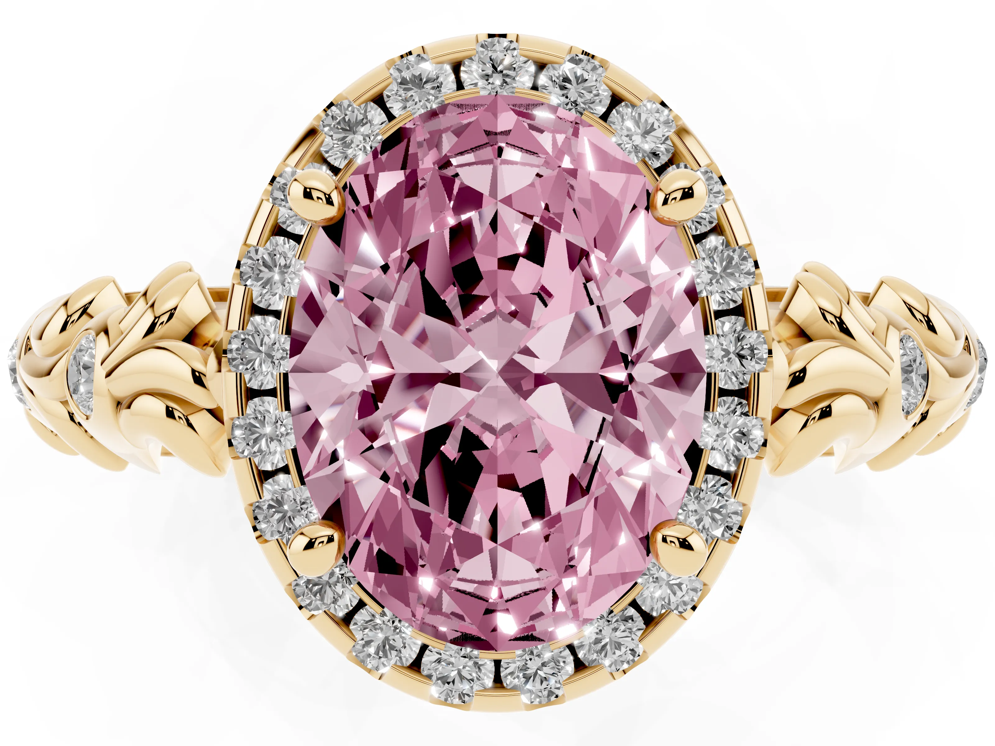 Fancy Pink Oval Cut Diamond Halo Ring Set in Yellow gold with Filigree Leaf Band and Prong Setting