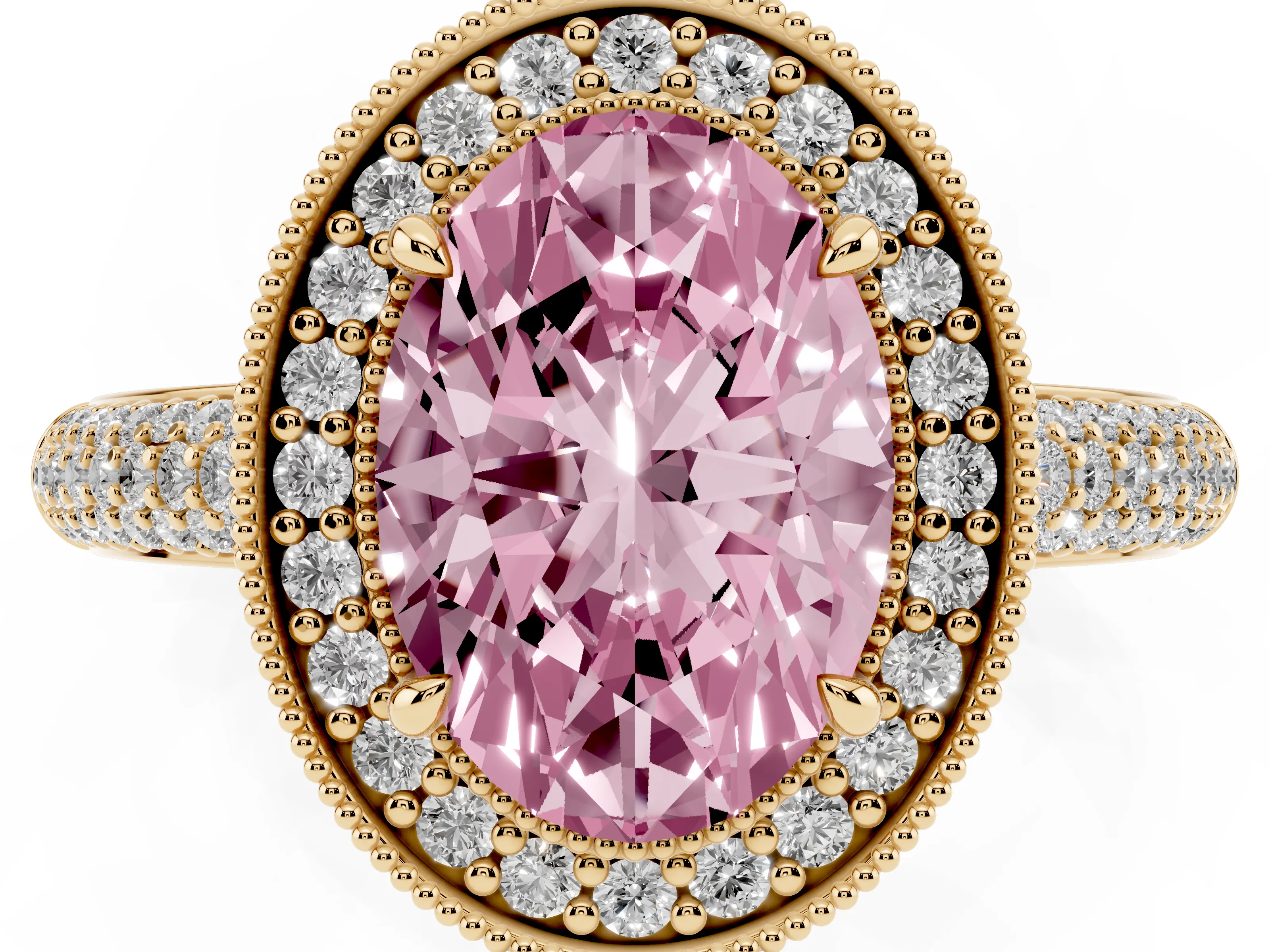 Fancy Pink Oval Cut Diamond Halo Pavé Band Set in Yellow gold with Prong Setting