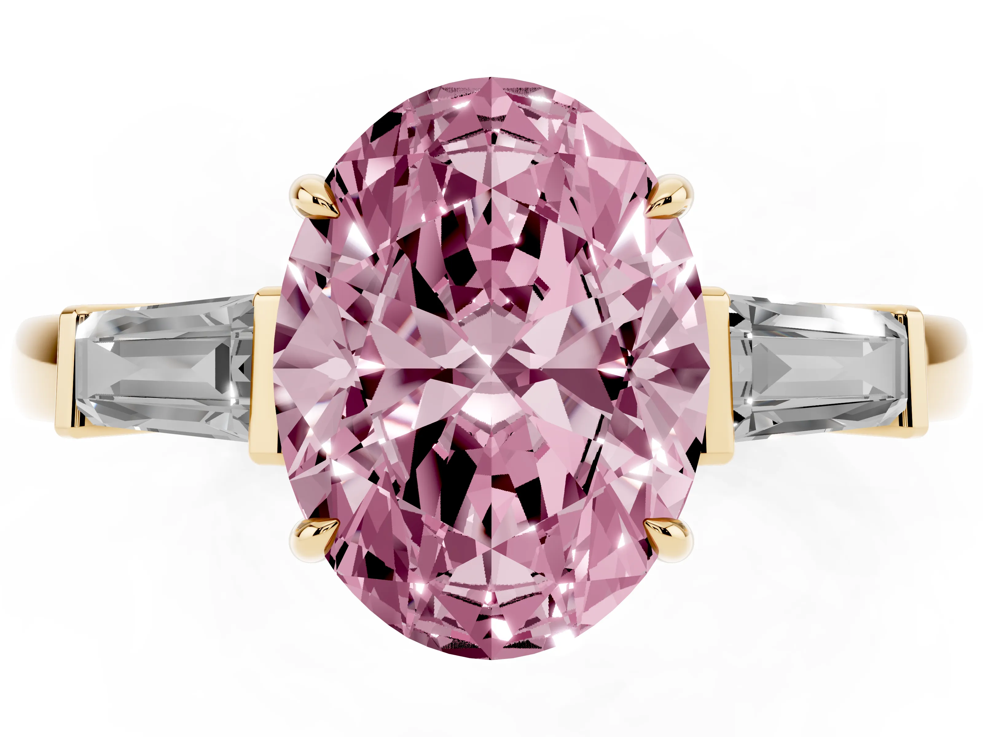 Fancy Pink Oval Cut Diamond Three-Stone Ring Set in Yellow gold with Tapered Baguette Side Stones and Prong Setting