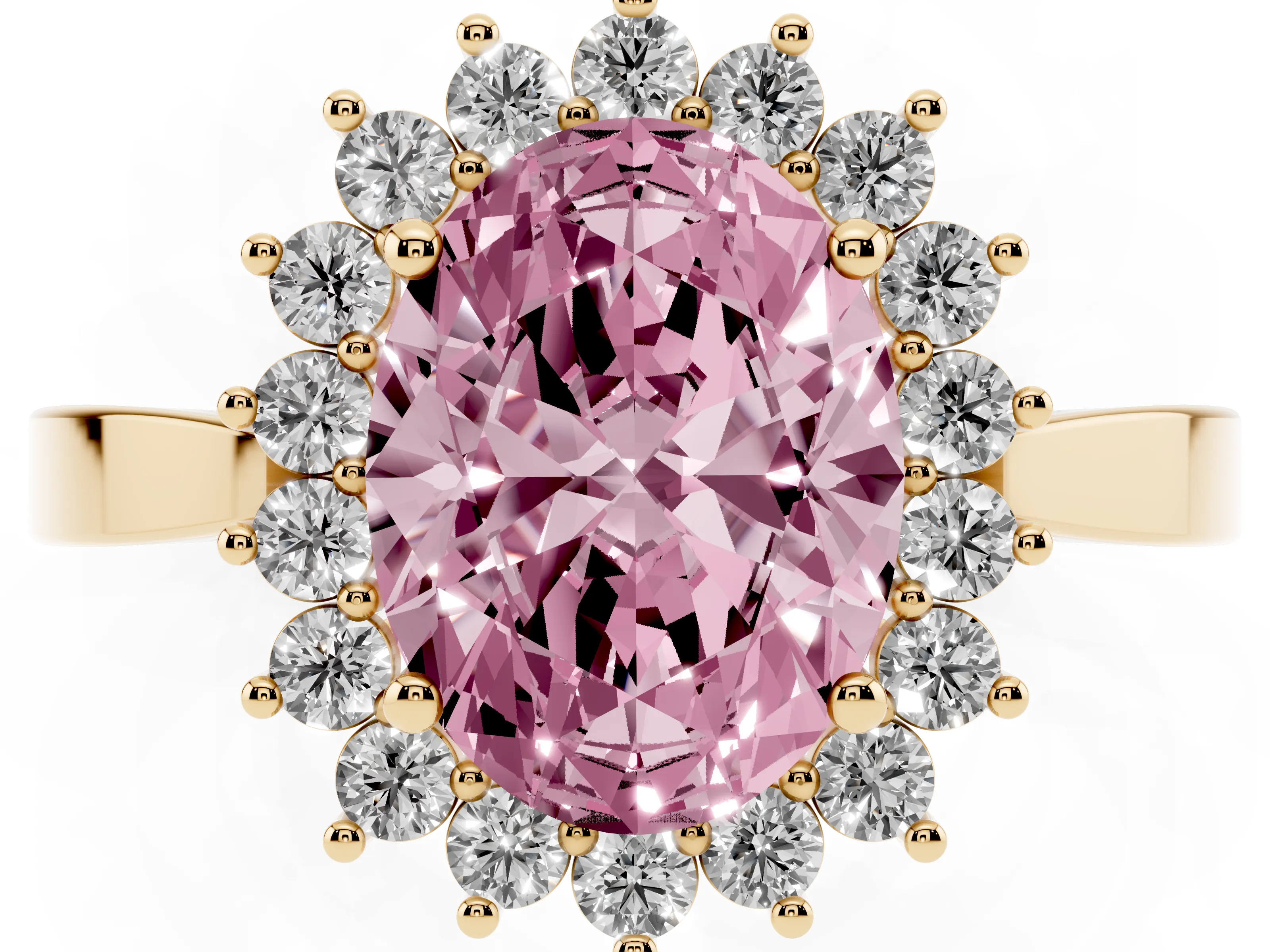 Fancy Pink Oval Cut Diamond Halo Ring Set in Yellow gold with Round Halo and Smooth Solitaire Band