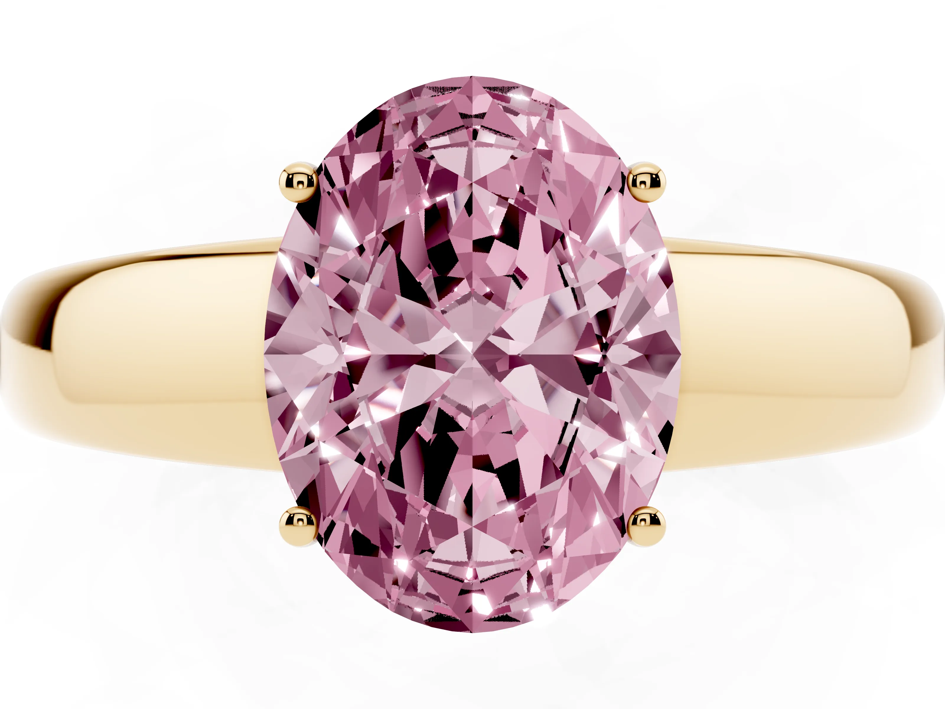 Fancy Pink Oval Cut Diamond Solitaire Ring Set in Yellow gold with Tapered Band and Prong Setting