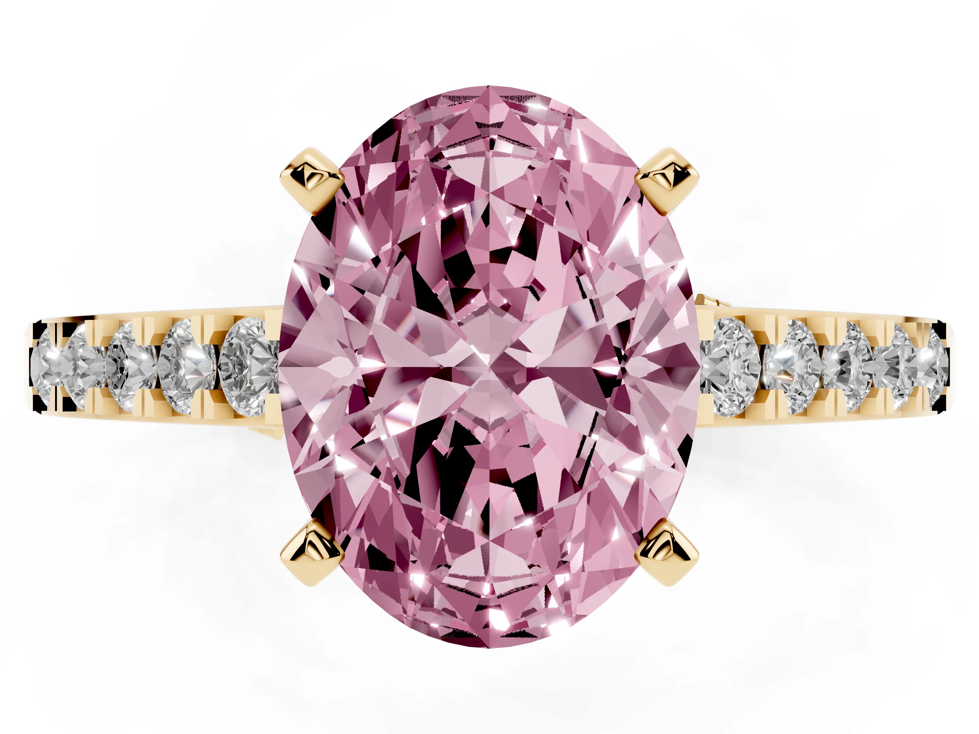 Fancy Pink Oval Cut Diamond Solitaire Ring Set in Yellow gold with Crossover Gallery and Round Pavé Band