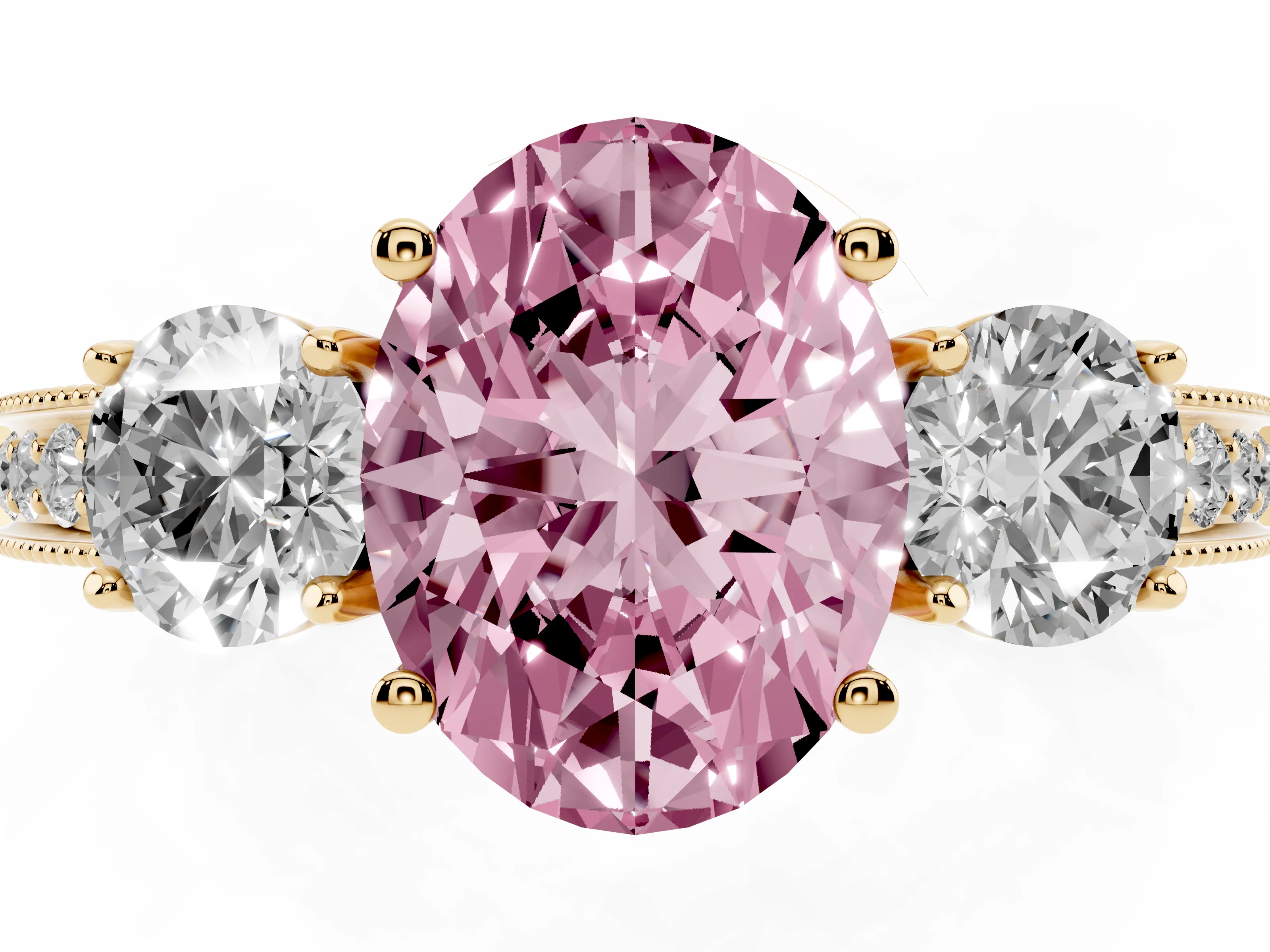 Fancy Pink Oval Cut Diamond Three-Stone Ring Set in Yellow gold with Round Side Stones and Pavé Band