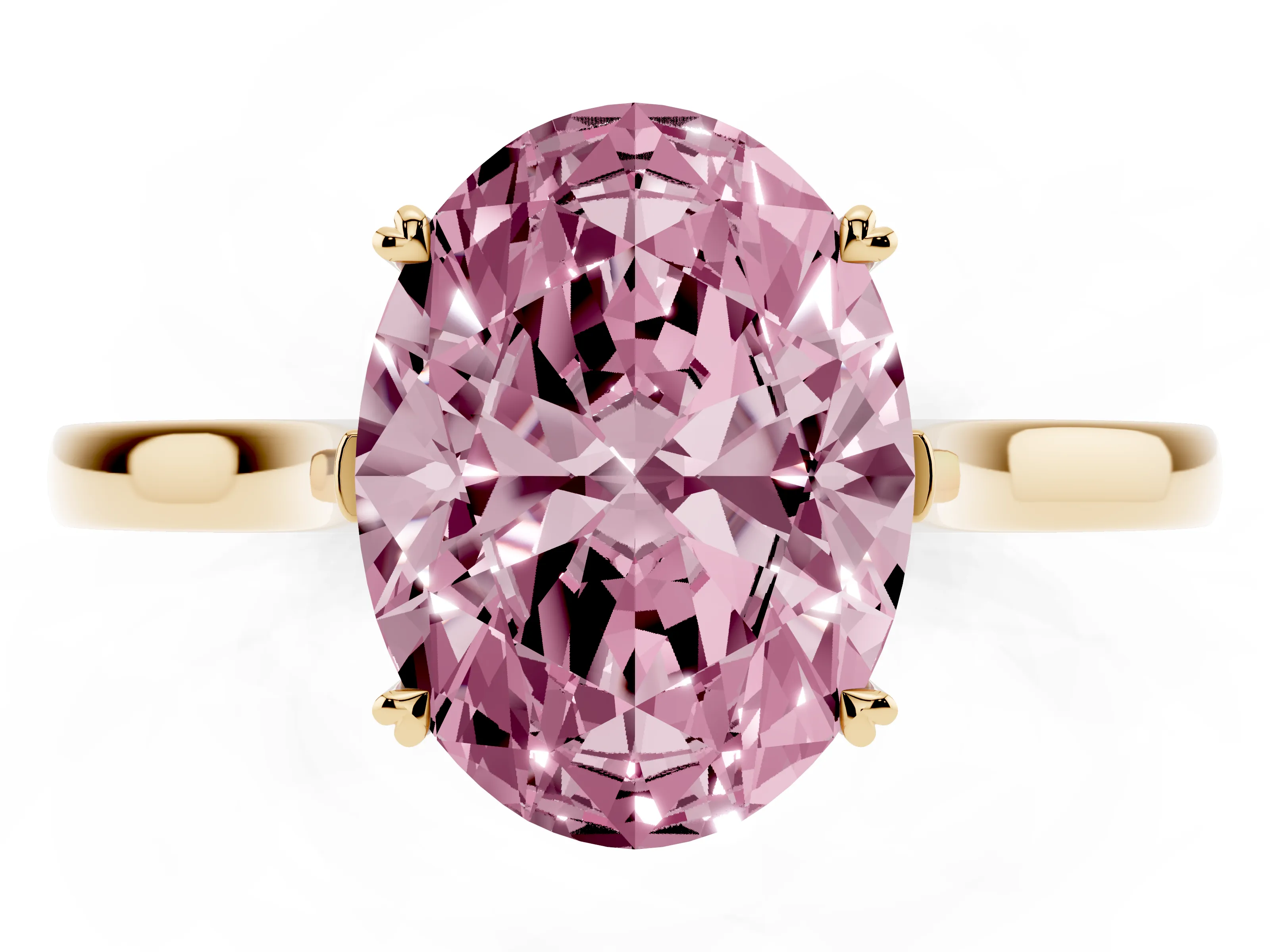 Fancy Pink Oval Cut Diamond Solitaire Heart Prong Engagement Ring Set in Yellow gold with Tapered Band