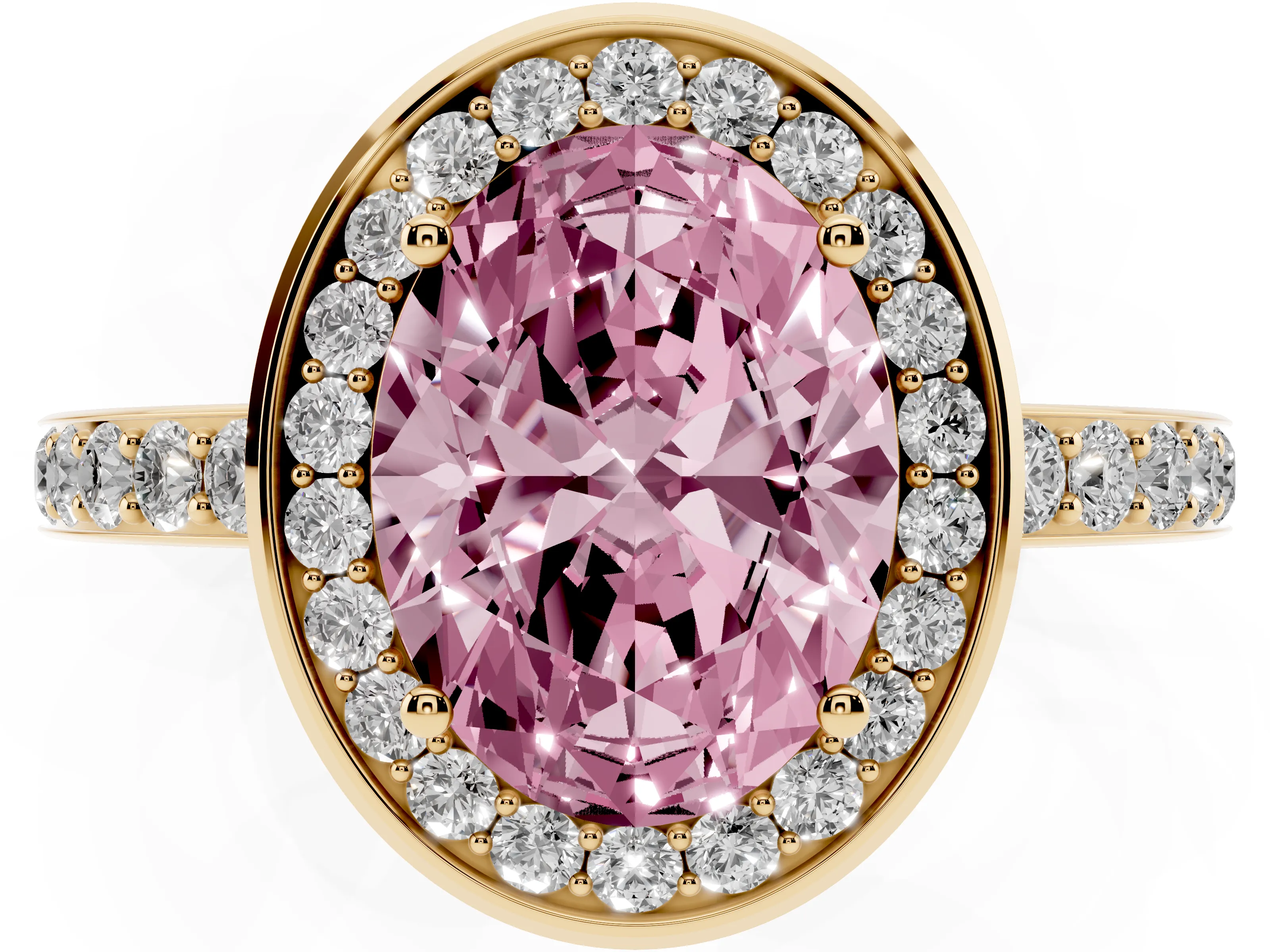 Fancy Pink Oval Cut Diamond Halo Ring Set in Yellow gold with Bezel Frame and Pavé Band