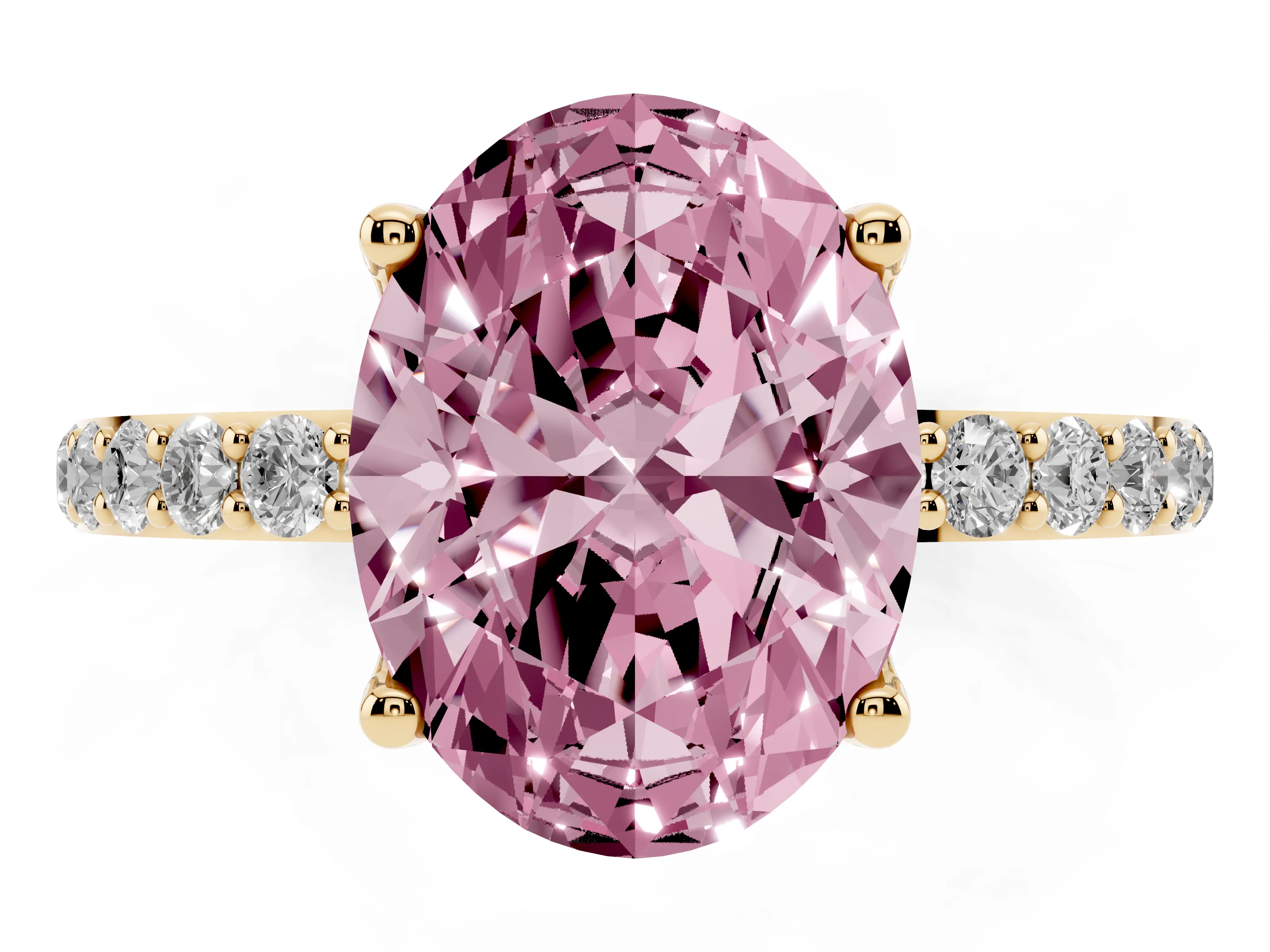 Fancy Pink Oval Cut Diamond Solitaire Engagement Ring Set in Yellow gold with Round Pavé Band and Prong Setting