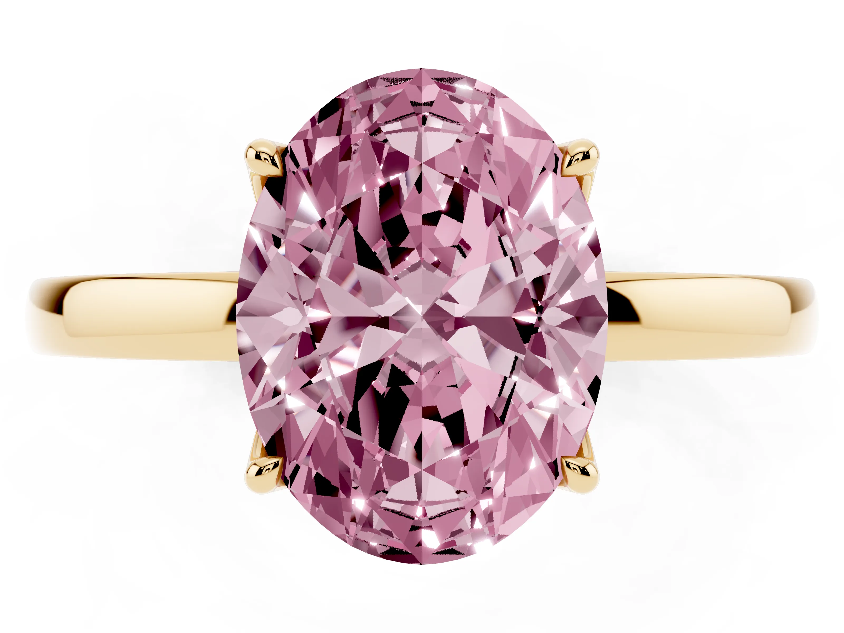 Fancy Pink Oval Cut Diamond Solitaire Ring Set in Yellow gold with Prong Setting and Thin Polished Band