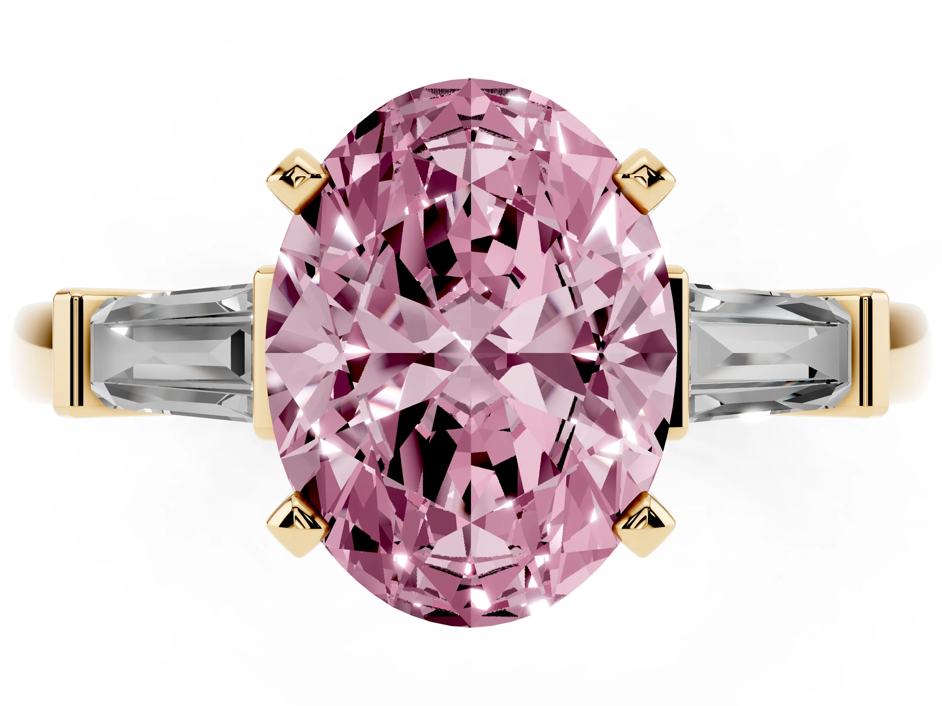 Fancy Pink Oval Cut Diamond Solitaire Ring Set in Yellow gold with Tapered Baguette Accents and Prong Setting