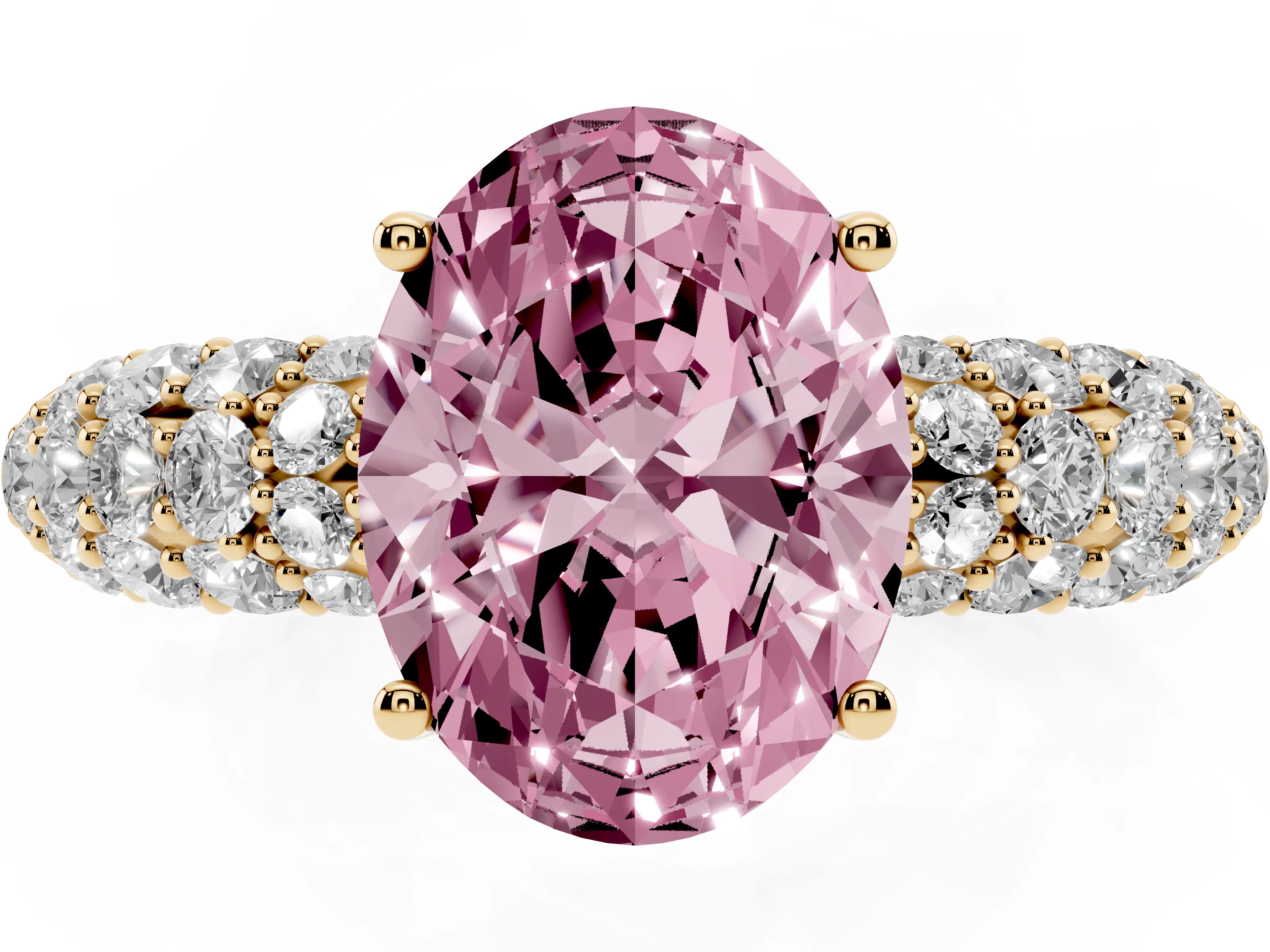 Fancy Pink Oval Cut Diamond Pavé Band Solitaire Ring Set in Yellow gold with Close-Set Accent Stones and Prong Setting
