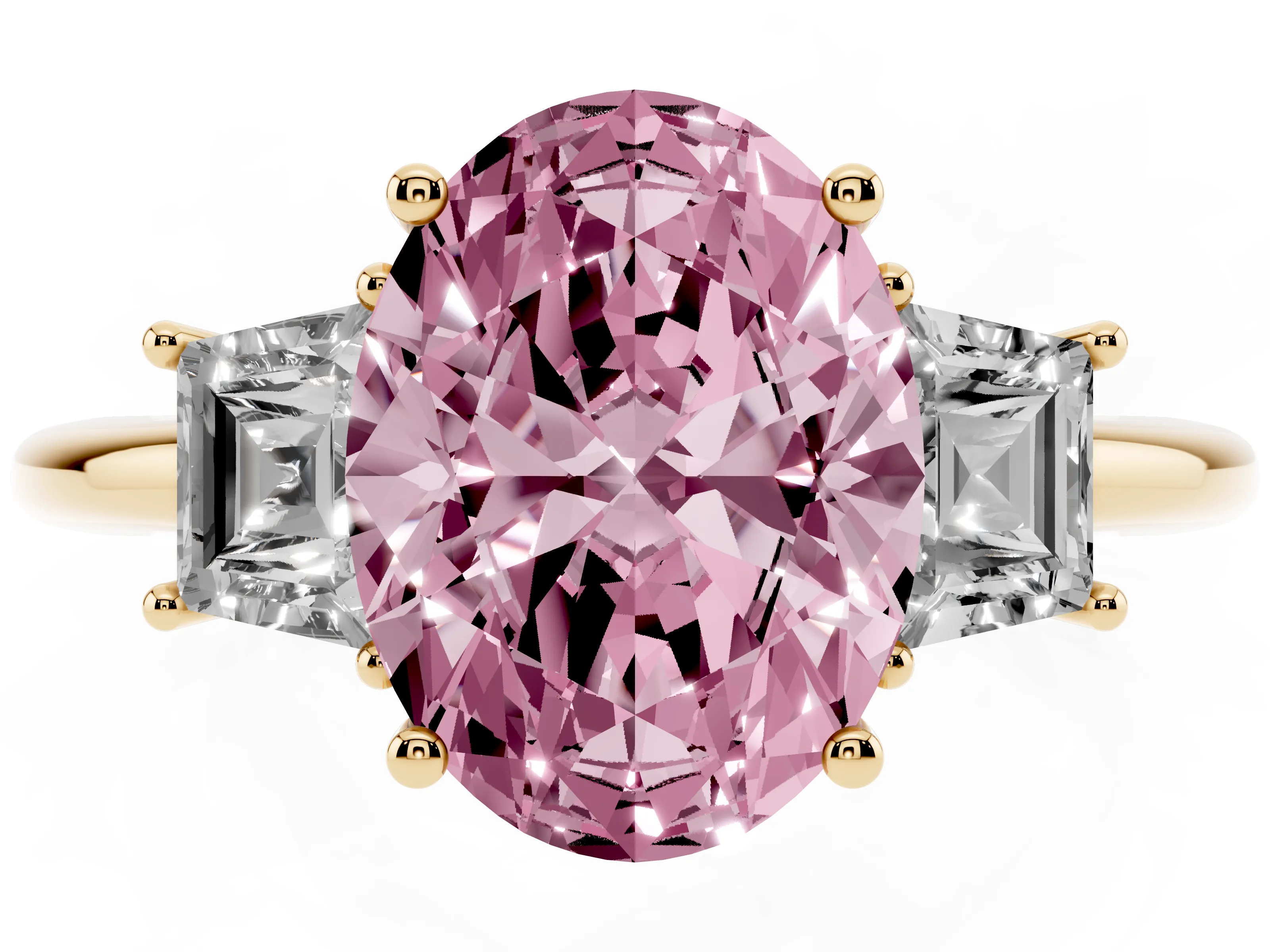 Fancy Pink Oval Cut Diamond Three-Stone Ring Set in Yellow gold with Trapezoid Side Stones and Prong Setting