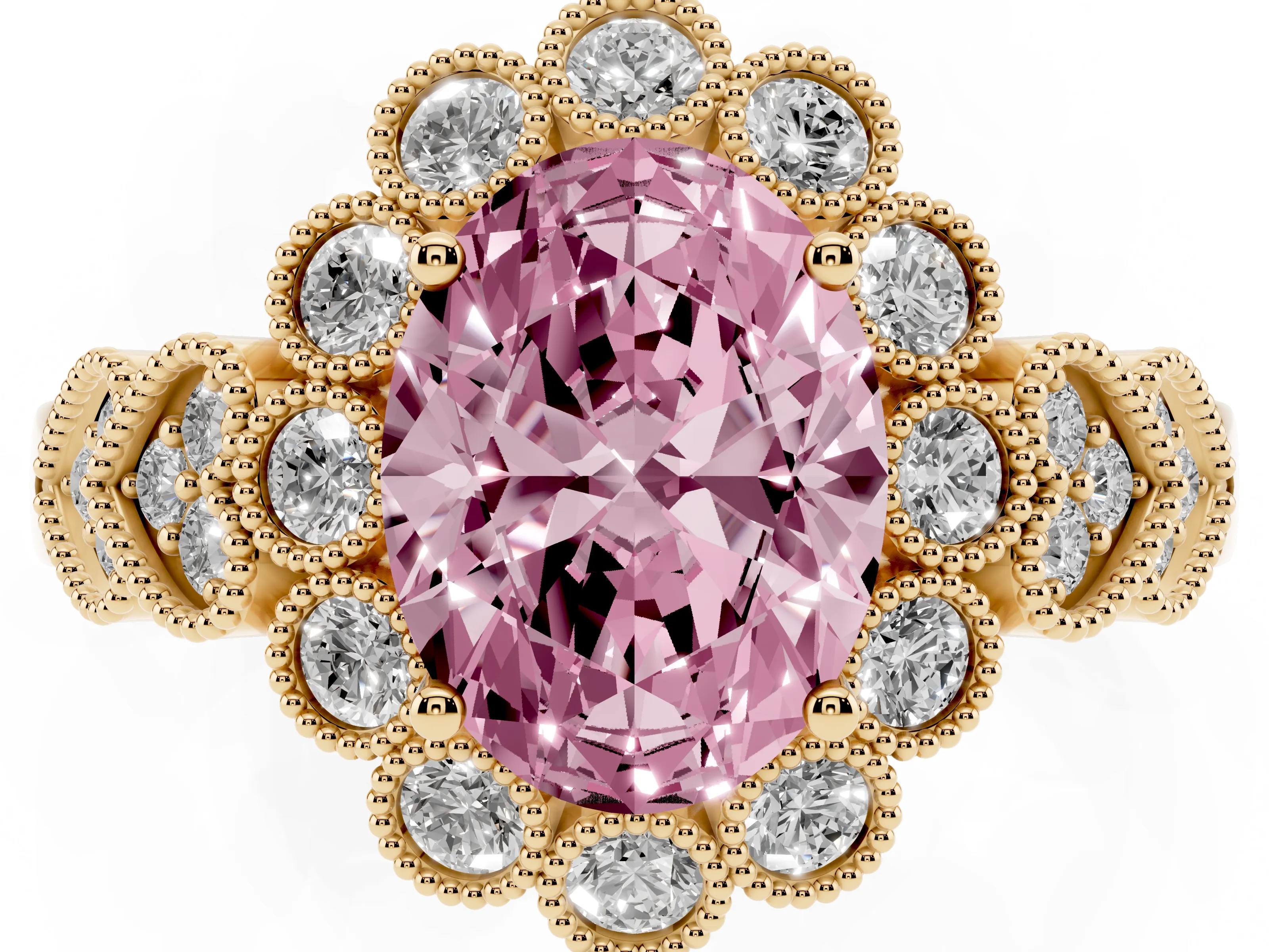 Fancy Pink Oval Cut Diamond Solitaire Ring Set in Yellow gold with Milgrain Pavé Heart Band