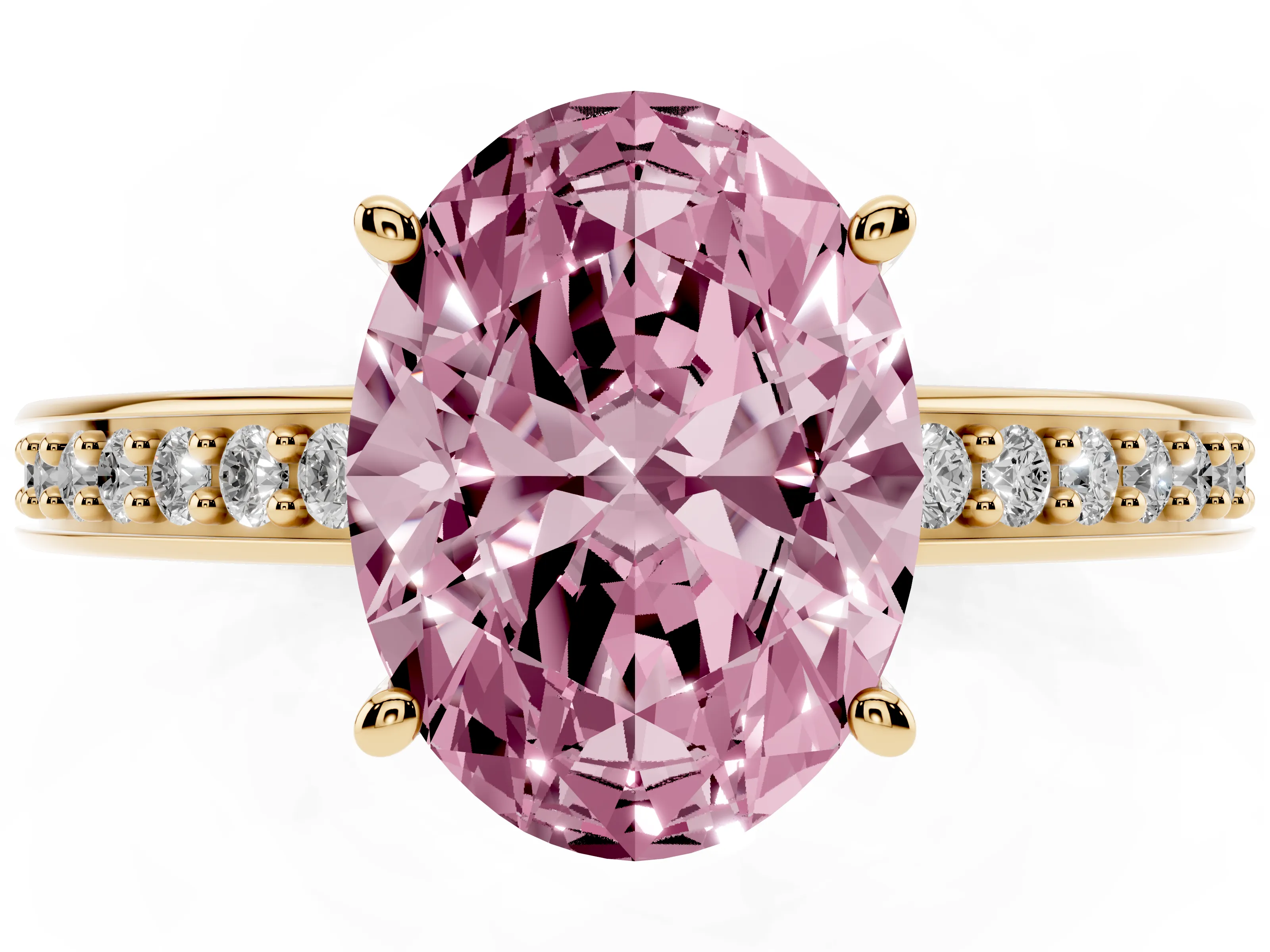 Fancy Pink Oval Cut Diamond Pavé Band Prong Set Solitaire Ring Set in Yellow gold