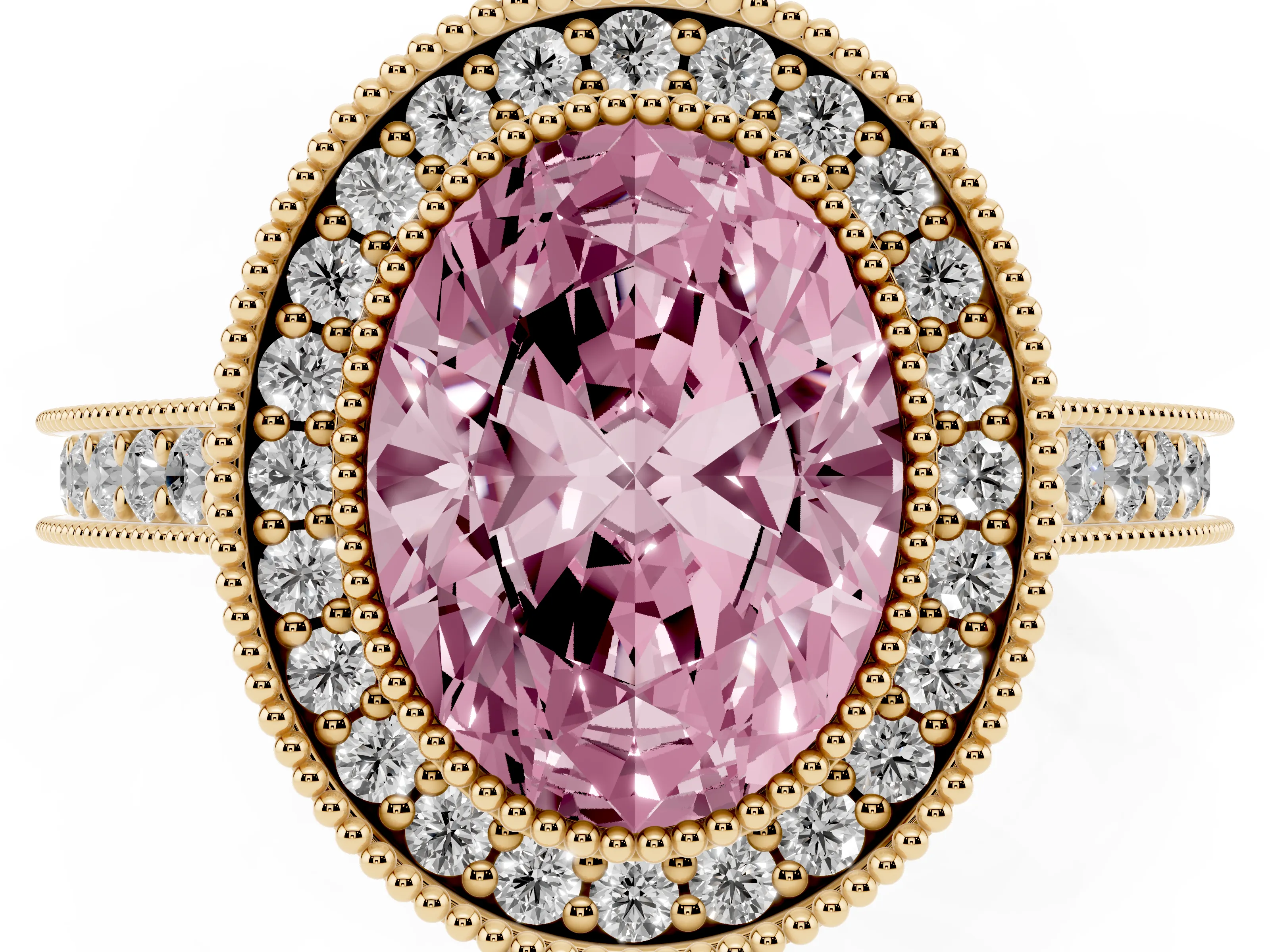 Fancy Pink Oval Cut Diamond Halo Milgrain Pavé Band Ring Set in Yellow gold with Prong Setting