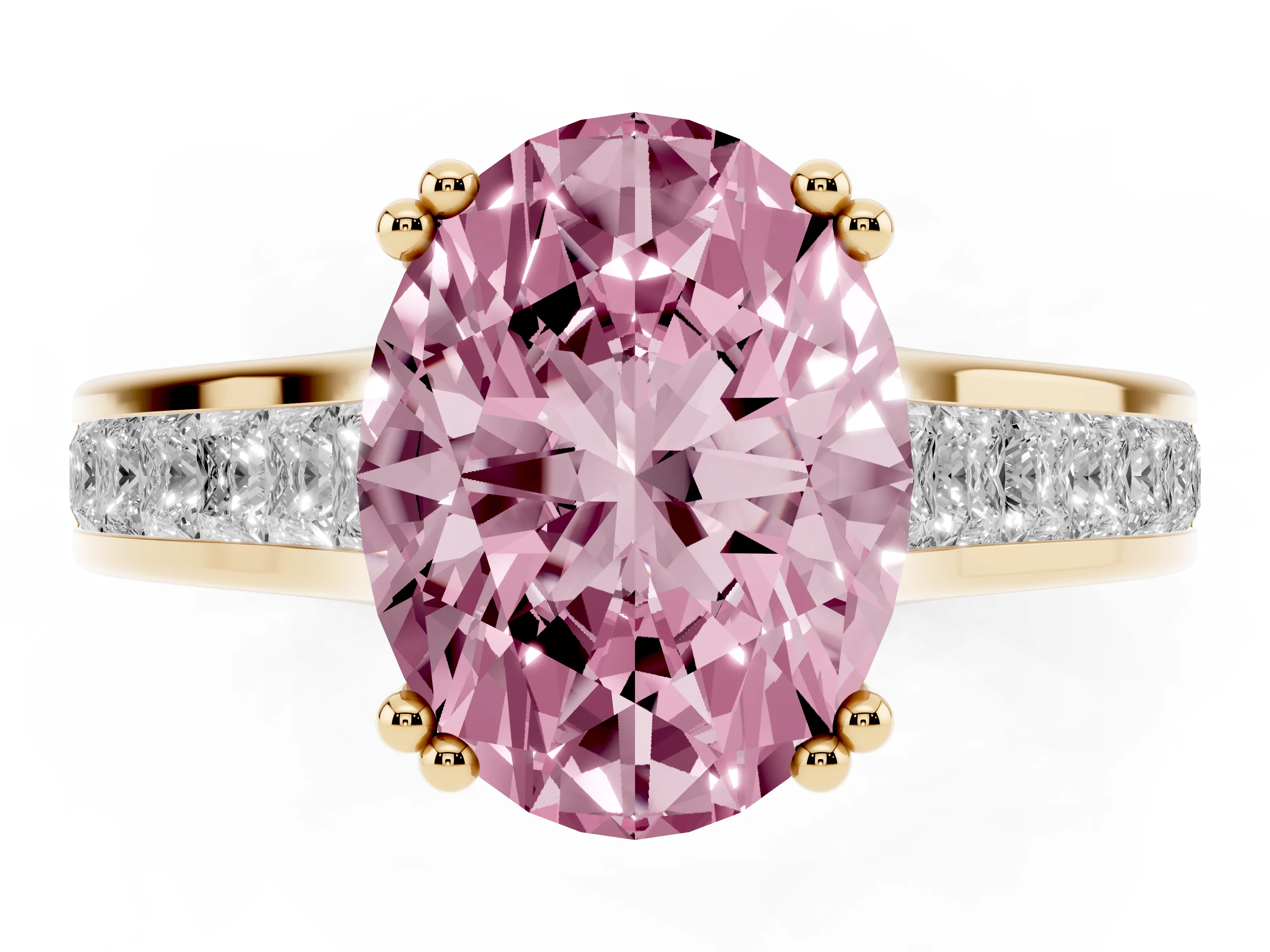 Fancy Pink Oval Cut Diamond Channel Set Solitaire Engagement Ring Set in Yellow gold with Prong Setting