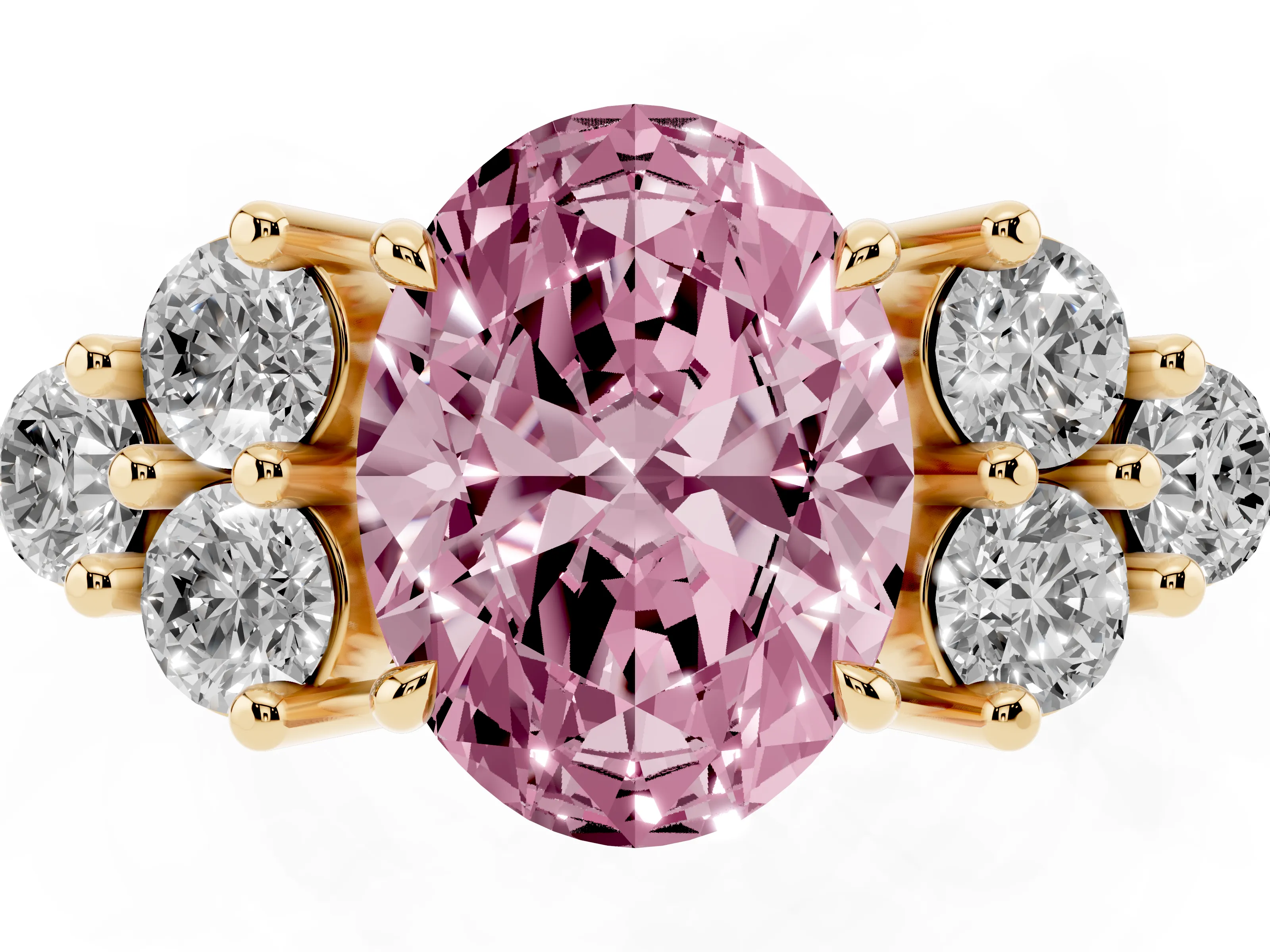 Fancy Pink Oval Cut Diamond Solitaire Ring Set in Yellow gold with Cluster Accents on Each Side