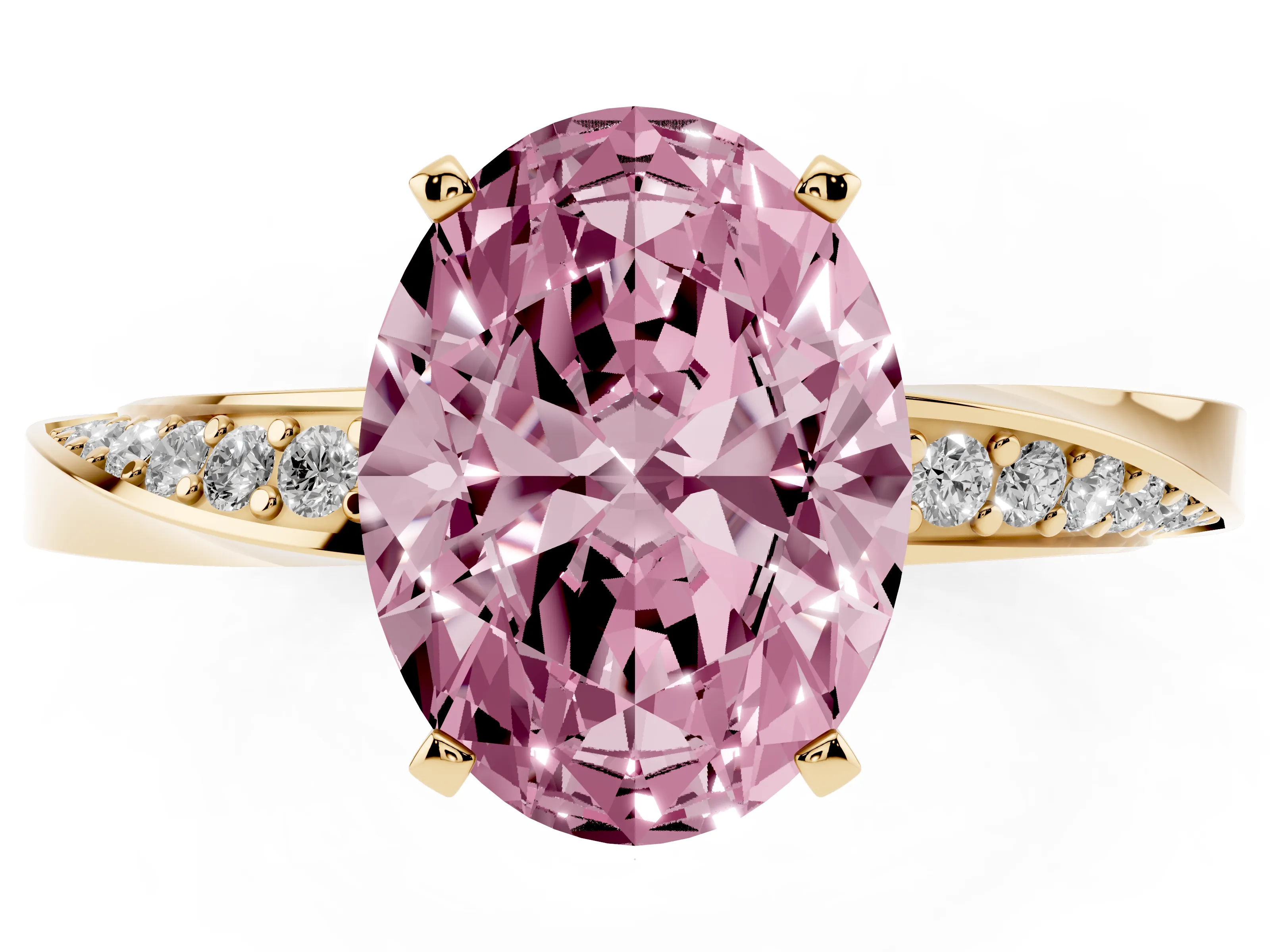 Fancy Pink Oval Cut Diamond Engagement Ring Set in Yellow gold with Side Stone Accents and Prong Setting