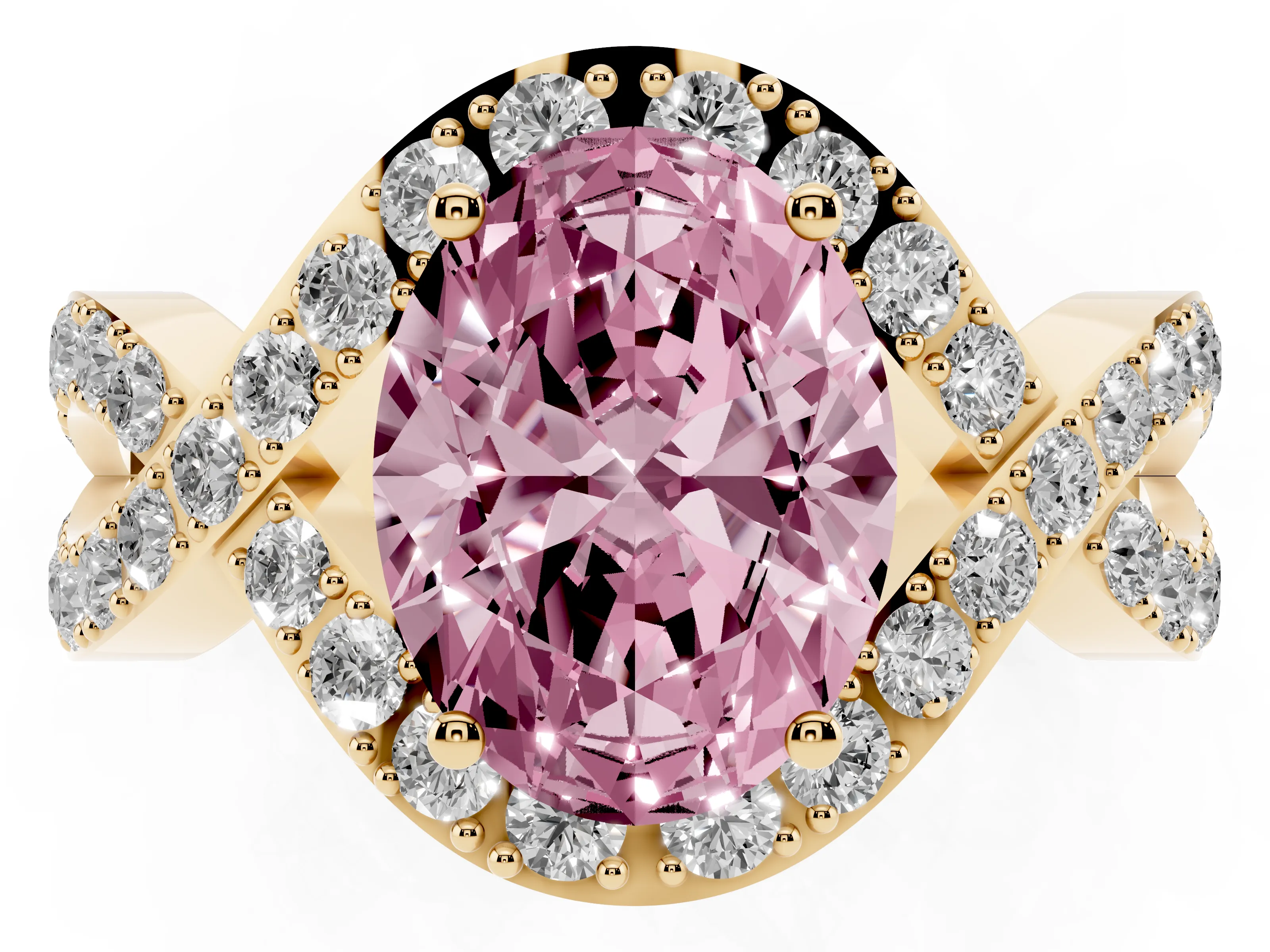 Fancy Pink Oval Cut Diamond Solitaire Twist Band Pavé Engagement Ring Set in Yellow gold