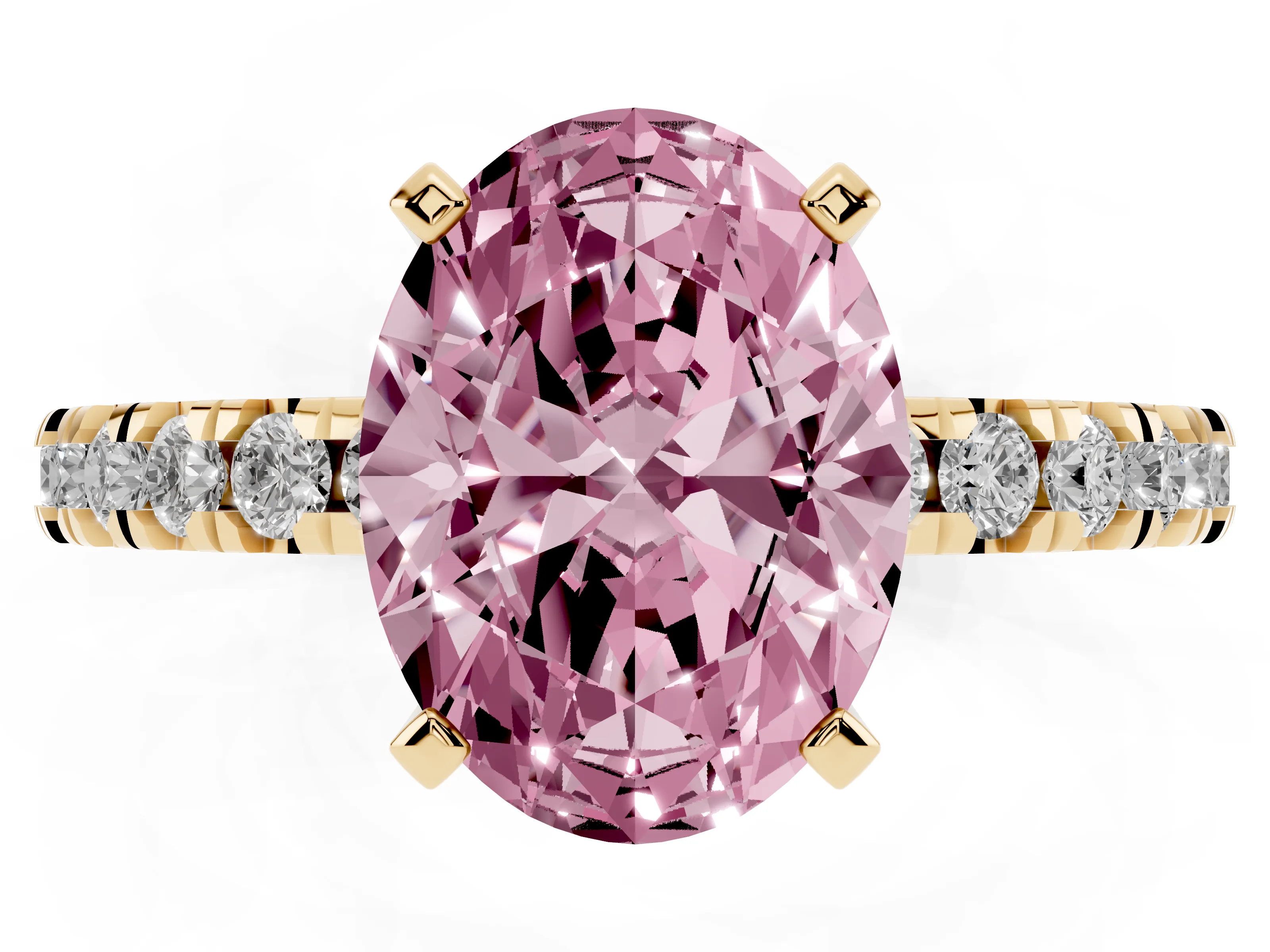 Fancy Pink Oval Cut Diamond Pavé Band Solitaire Set in Yellow gold with Prong Setting