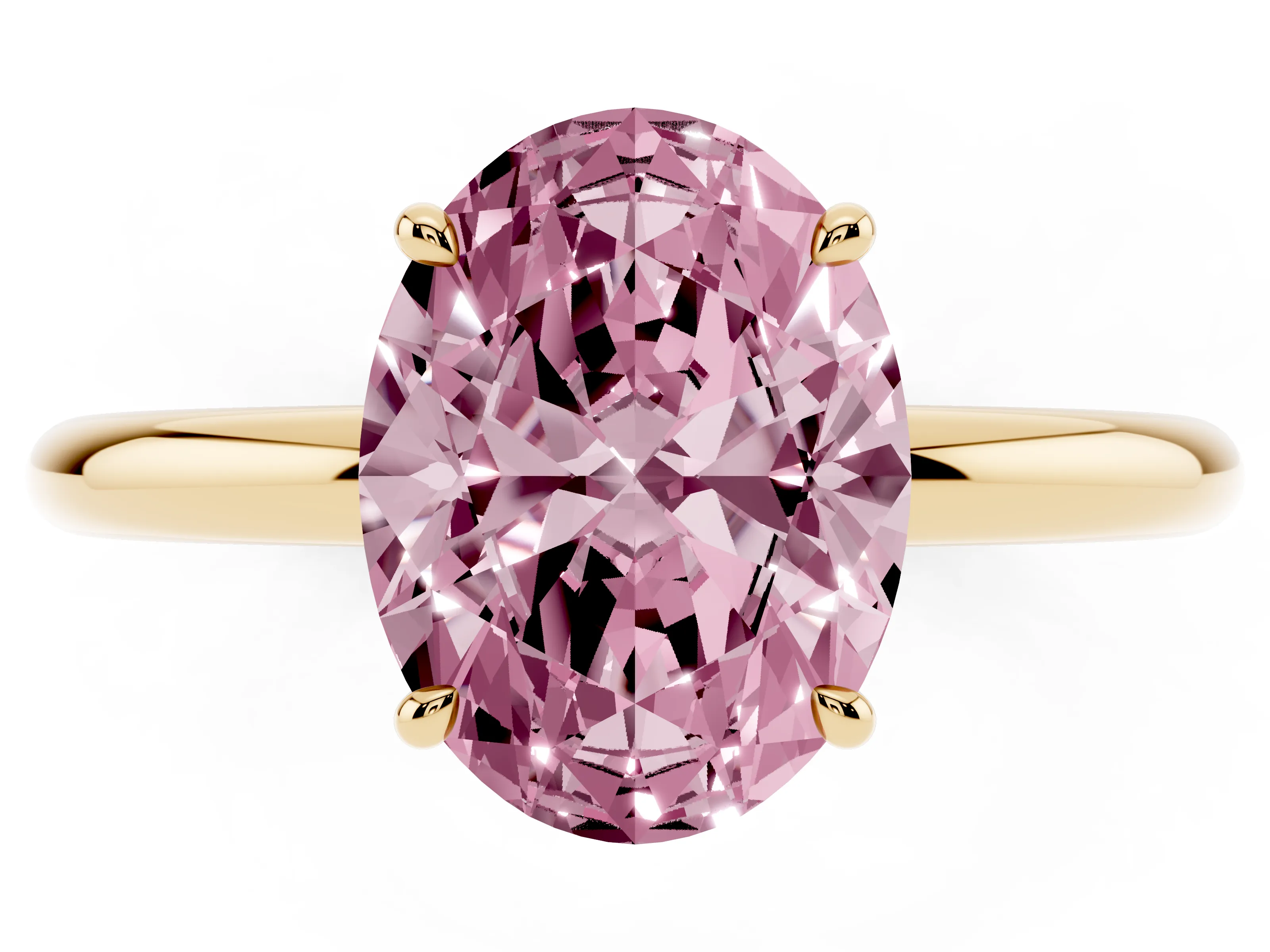 Fancy Pink Oval Cut Diamond Solitaire Ring Set in Yellow gold with Thin Band and Prong Setting