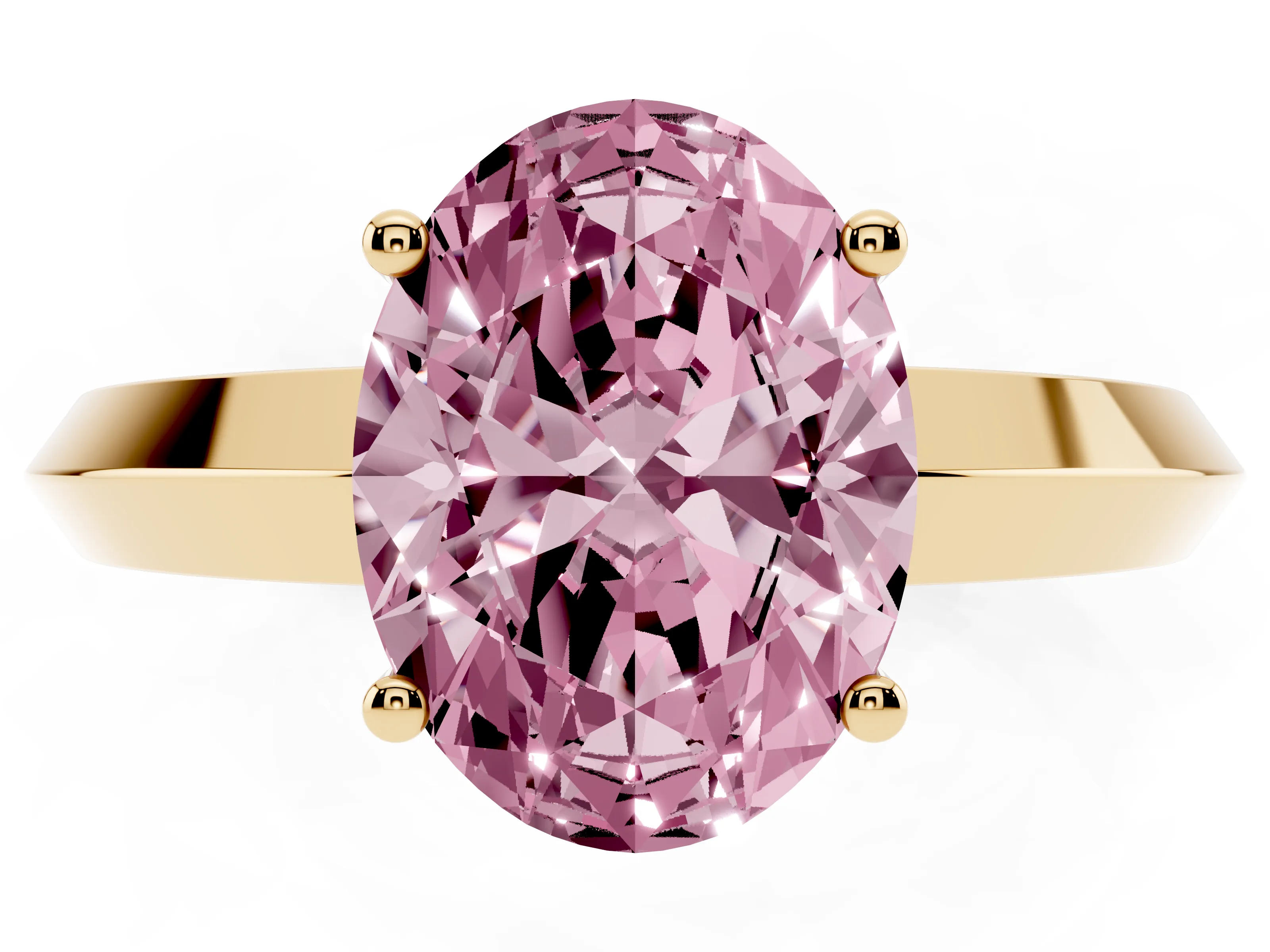 Fancy Pink Oval Cut Diamond Solitaire Engagement Ring Set in Yellow gold with Flat Band and Prong Setting