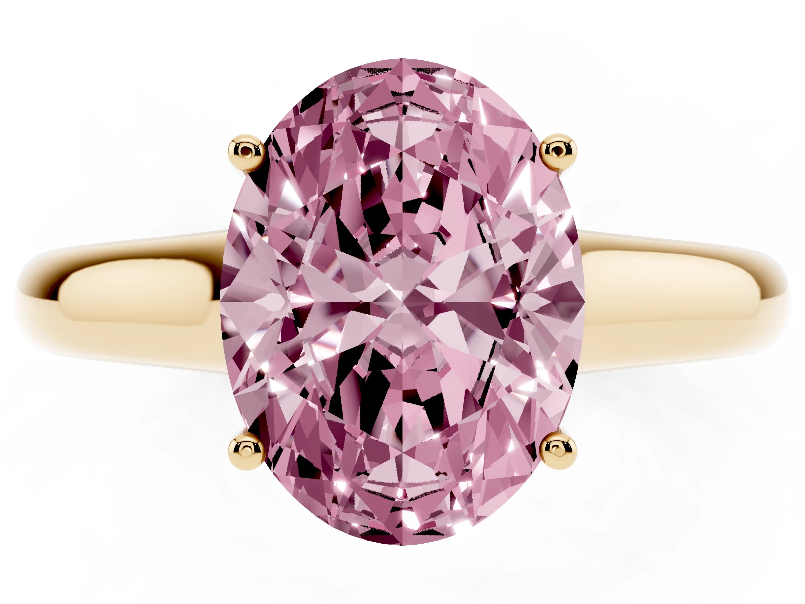 Fancy Pink Oval Cut Diamond Solitaire Engagement Ring Set in Yellow gold with Subtly Tapered Band and Prong Setting