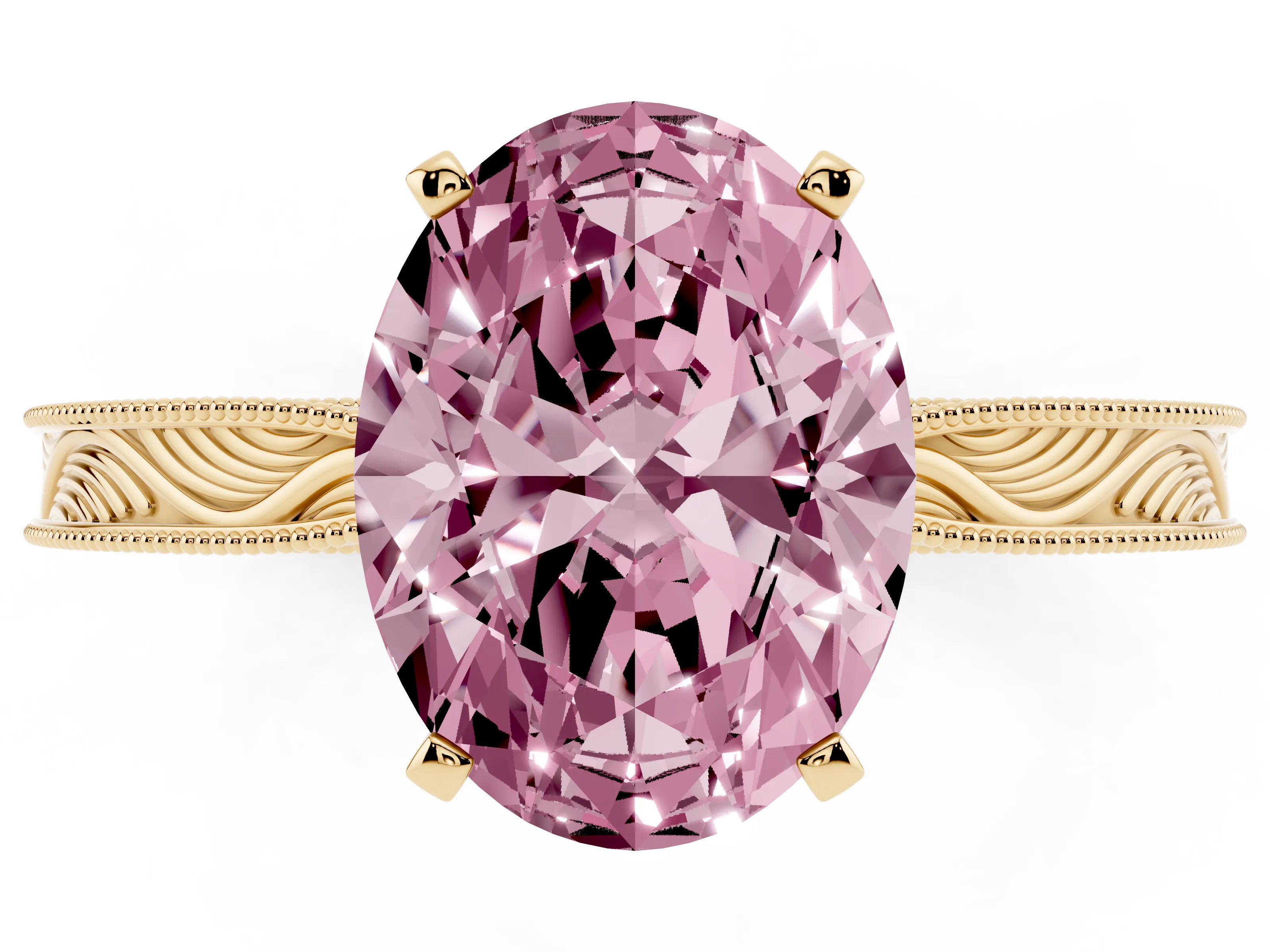Fancy Pink Oval Cut Diamond Solitaire Milgrain Engraved Band Set in Yellow gold with Prong Setting
