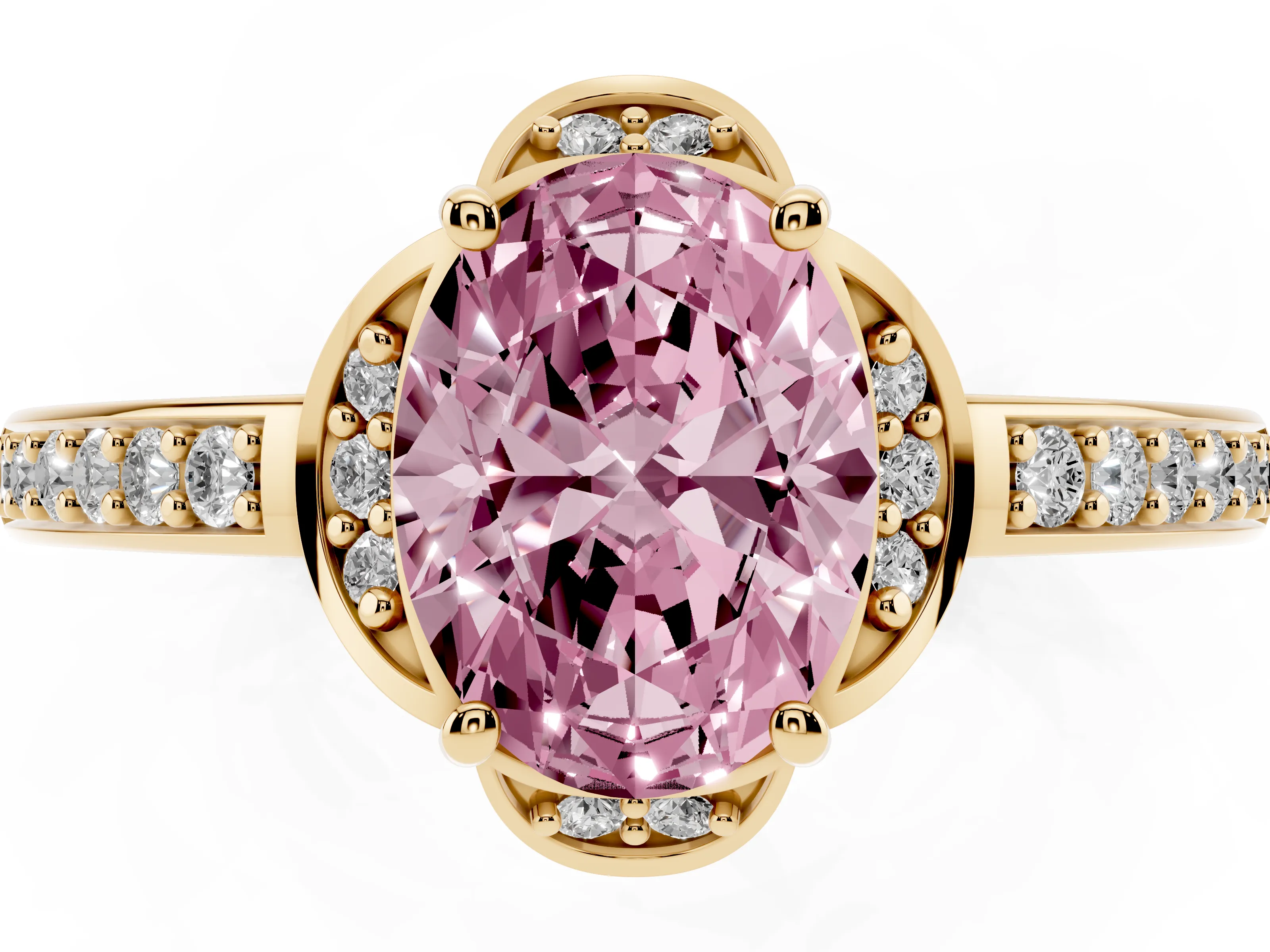 Fancy Pink Oval Cut Diamond Halo Ring Set in Yellow gold with Channel Set Band and Prong Setting