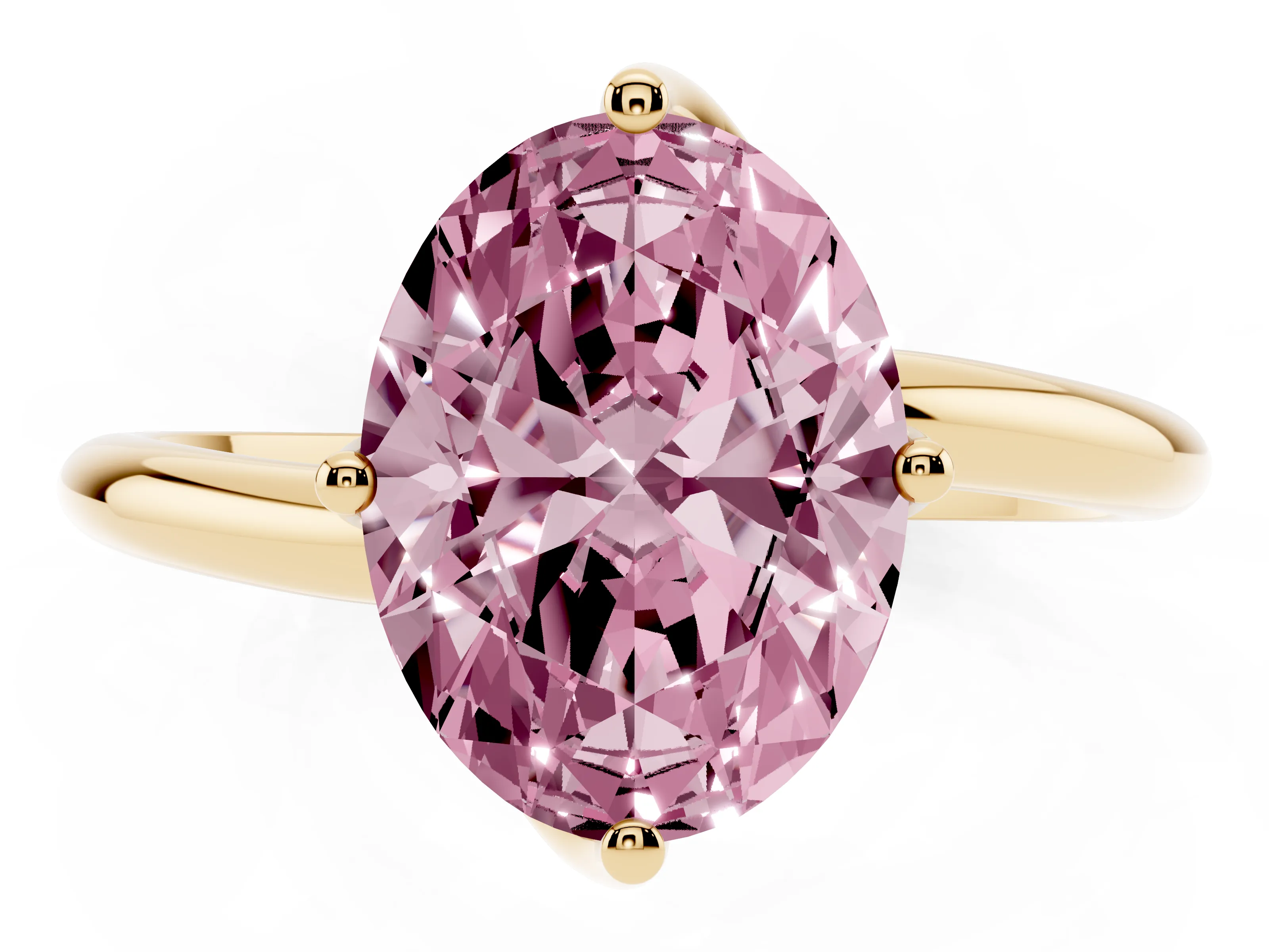 Fancy Pink Oval Cut Diamond Solitaire Engagement Ring Set in Yellow gold with Classic Plain Band