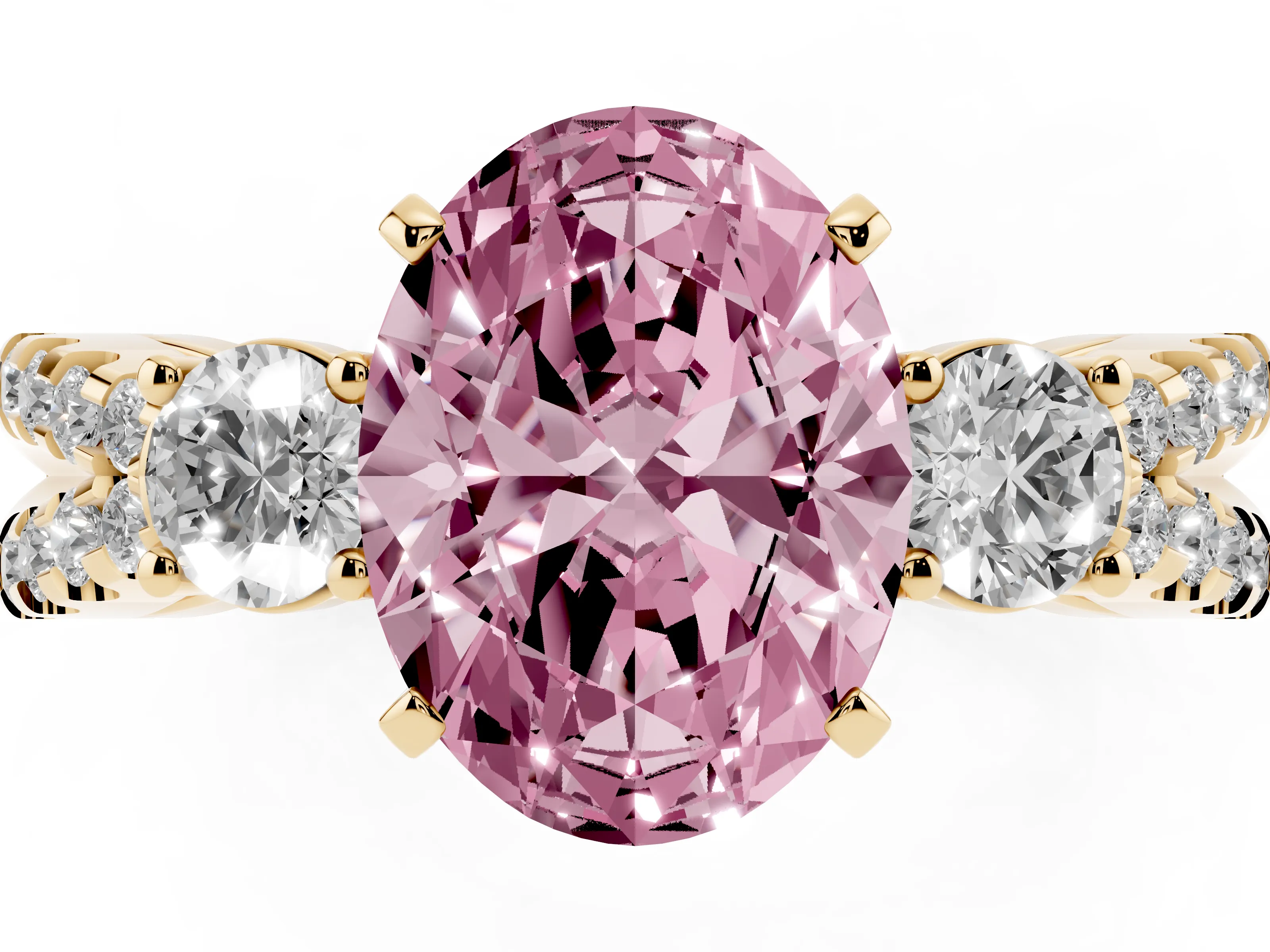 Fancy Pink Oval Cut Diamond Three-Stone Ring Set in Yellow gold with Pavé Split Shank and Prong Setting