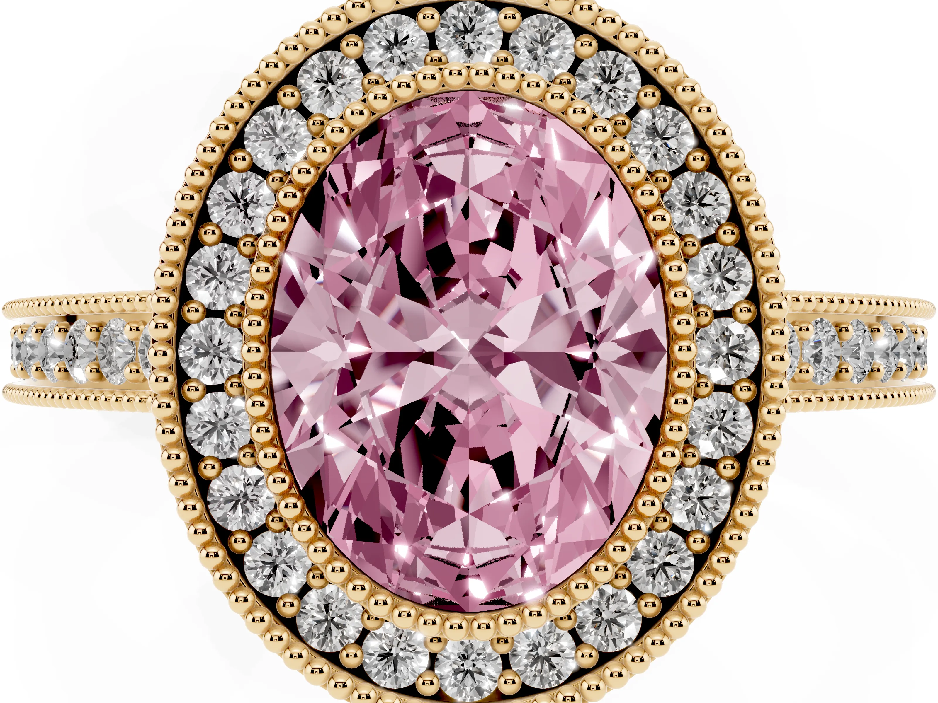 Fancy Pink Oval Cut Diamond Round Halo Ring Set in Yellow gold with Pavé Band