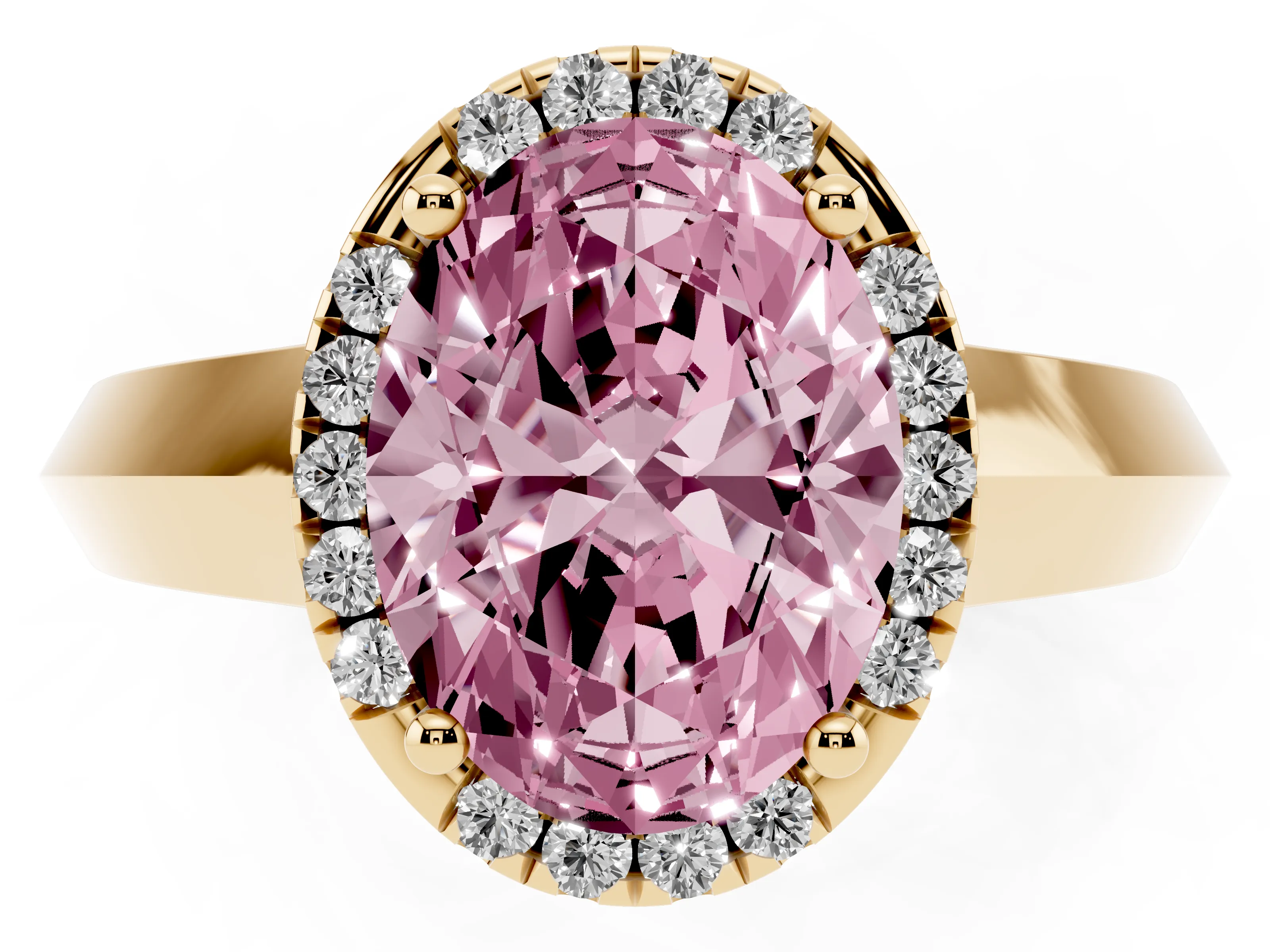 Fancy Pink Oval Cut Diamond Halo Ring Set in Yellow gold with Cathedral Band and Prong Setting