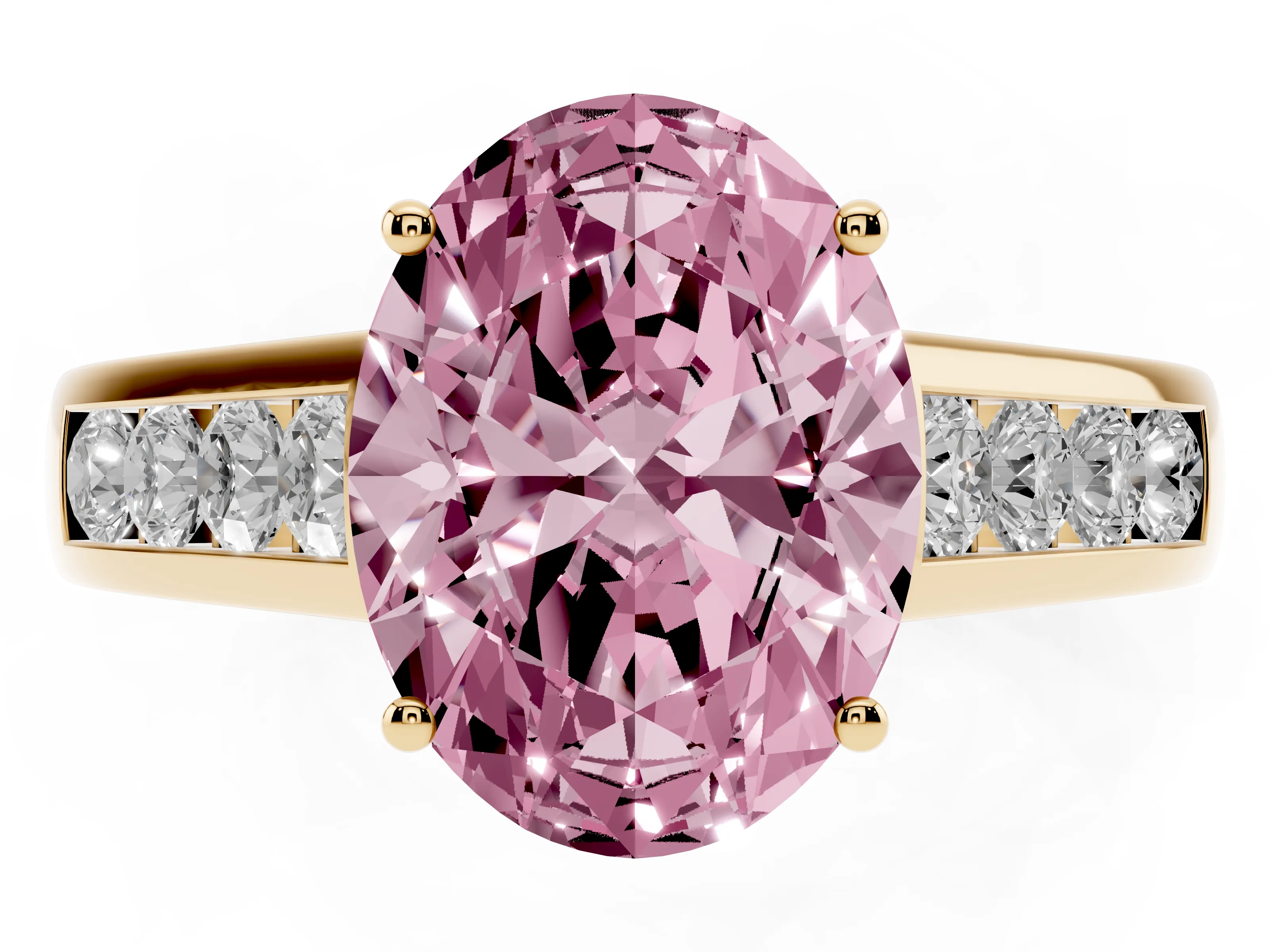 Fancy Pink Oval Cut Diamond Solitaire Channel-Set Engagement Ring Set in Yellow gold with Prong Setting