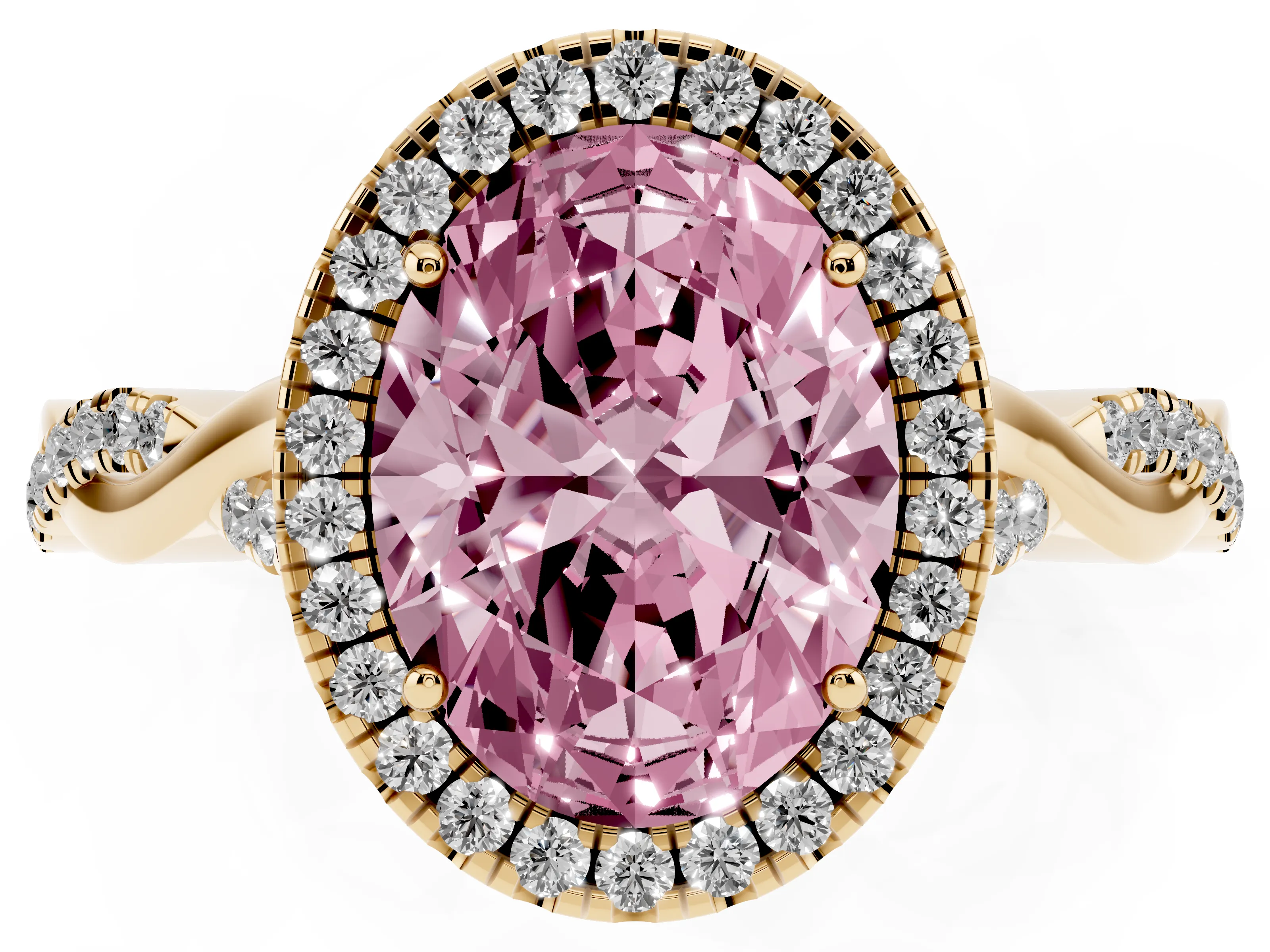 Fancy Pink Oval Cut Diamond Halo Twist Band Solitaire Ring Set in Yellow gold with Prong Setting