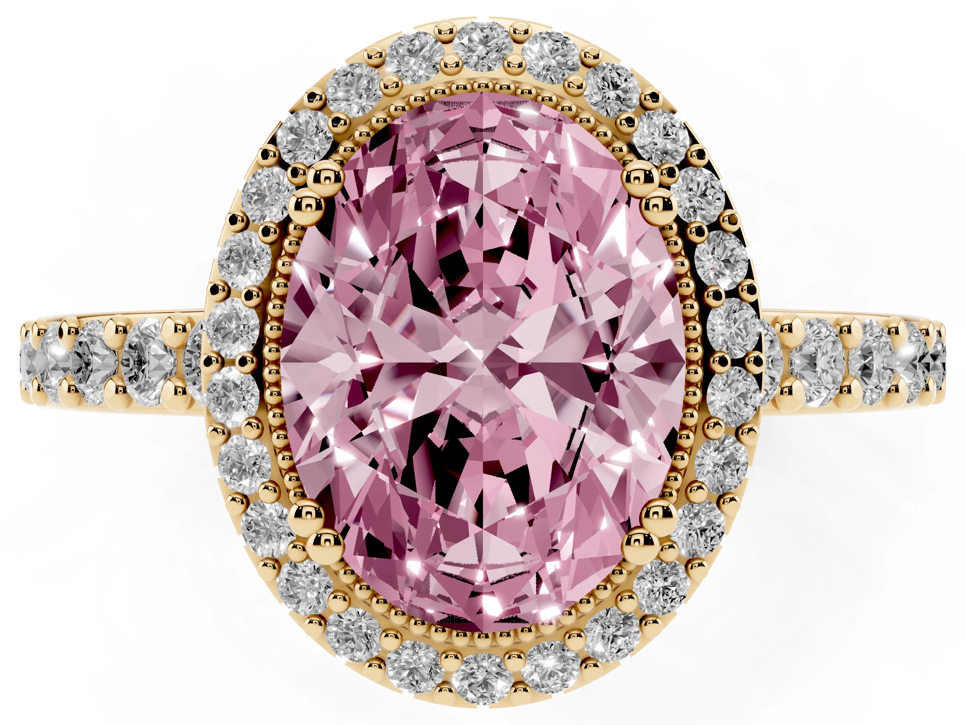Fancy Pink Oval Cut Diamond Halo Engagement Ring Set in Yellow gold with Milgrain Detail and Pavé Band