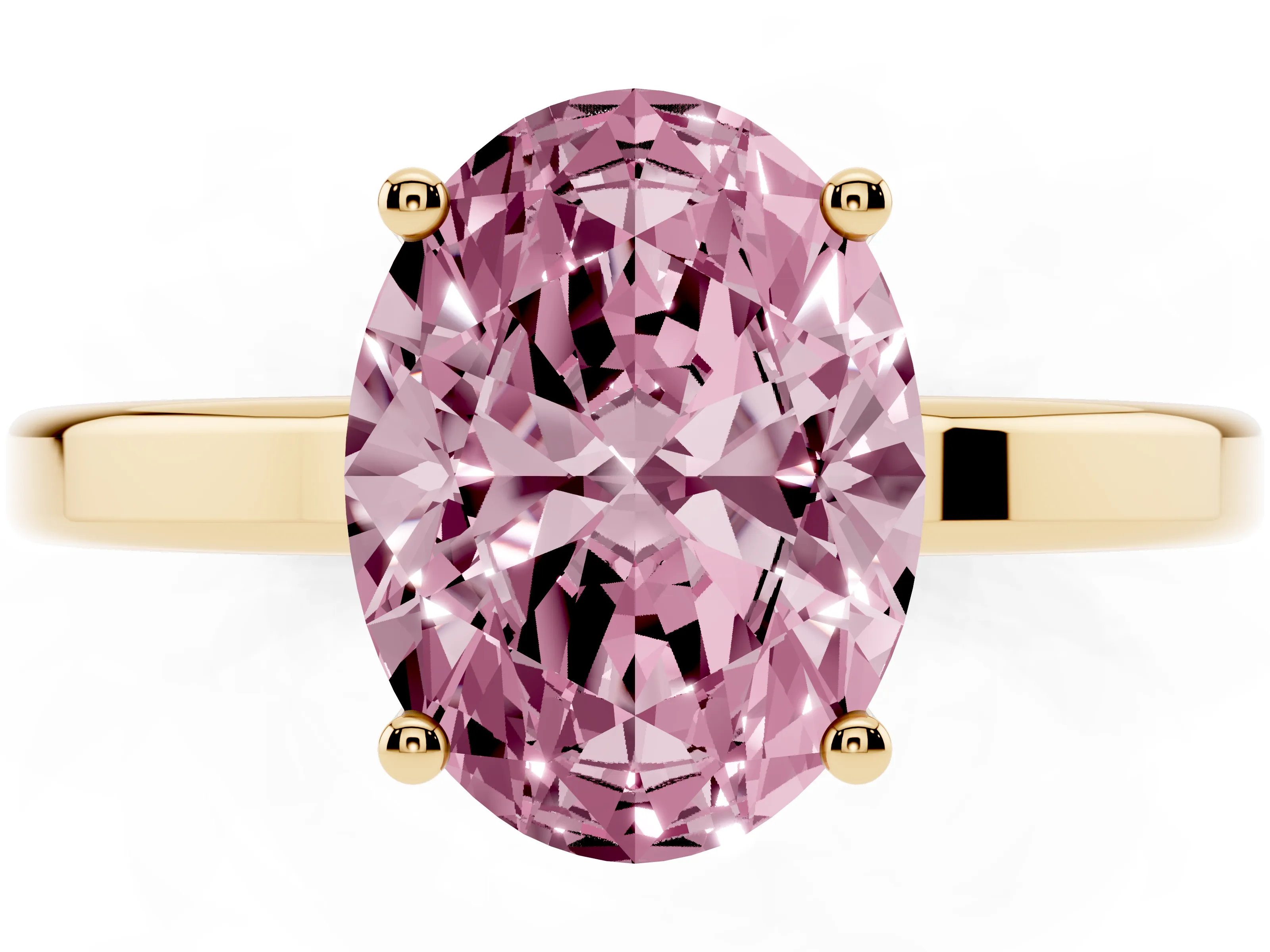 Fancy Pink Oval Cut Diamond Solitaire Engagement Ring Set in Yellow gold with Prong Setting on a Plain Band