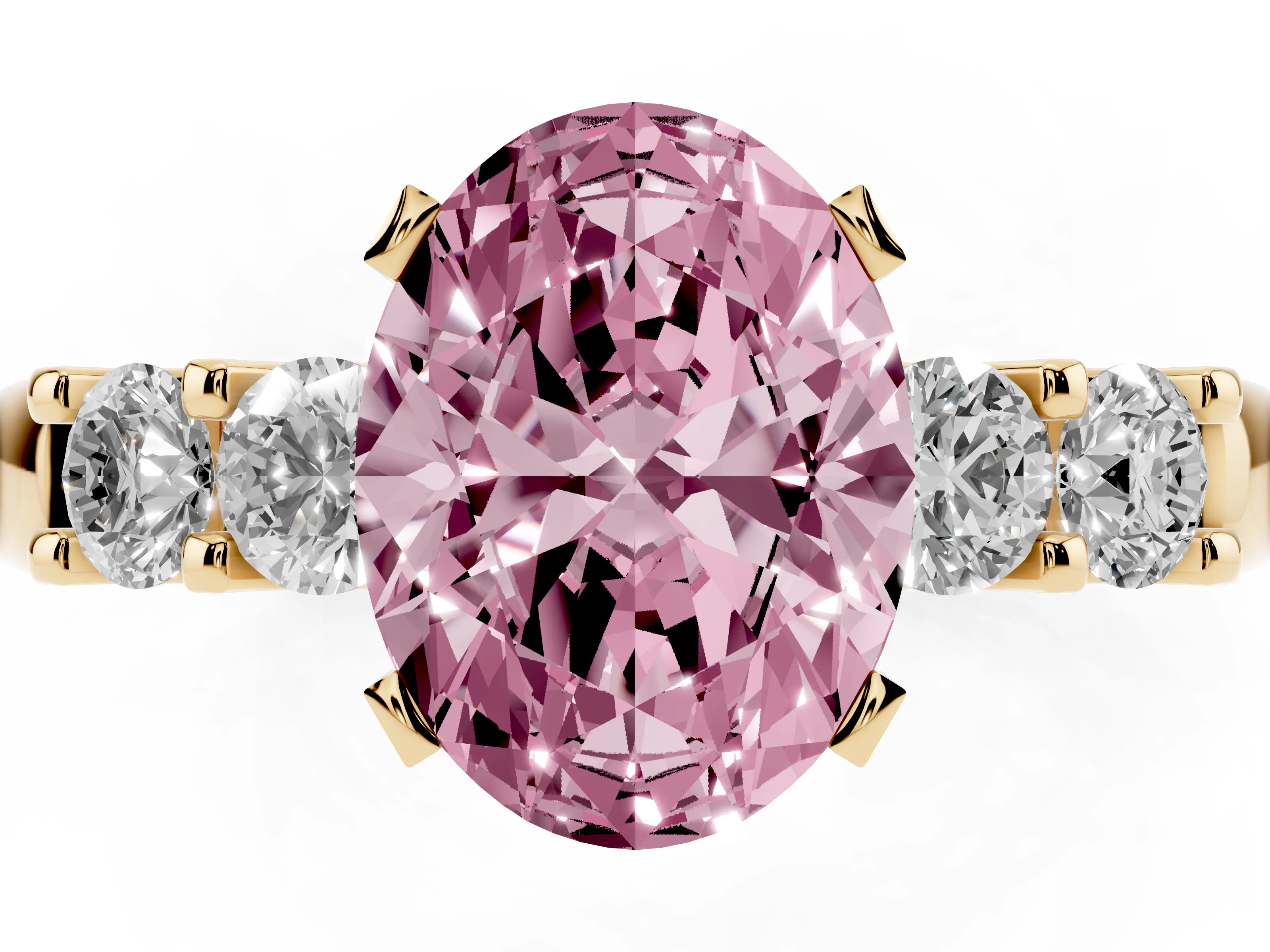 Fancy Pink Oval Cut Diamond Five-Stone Prong Set Engagement Ring Set in Yellow gold with Channel Band