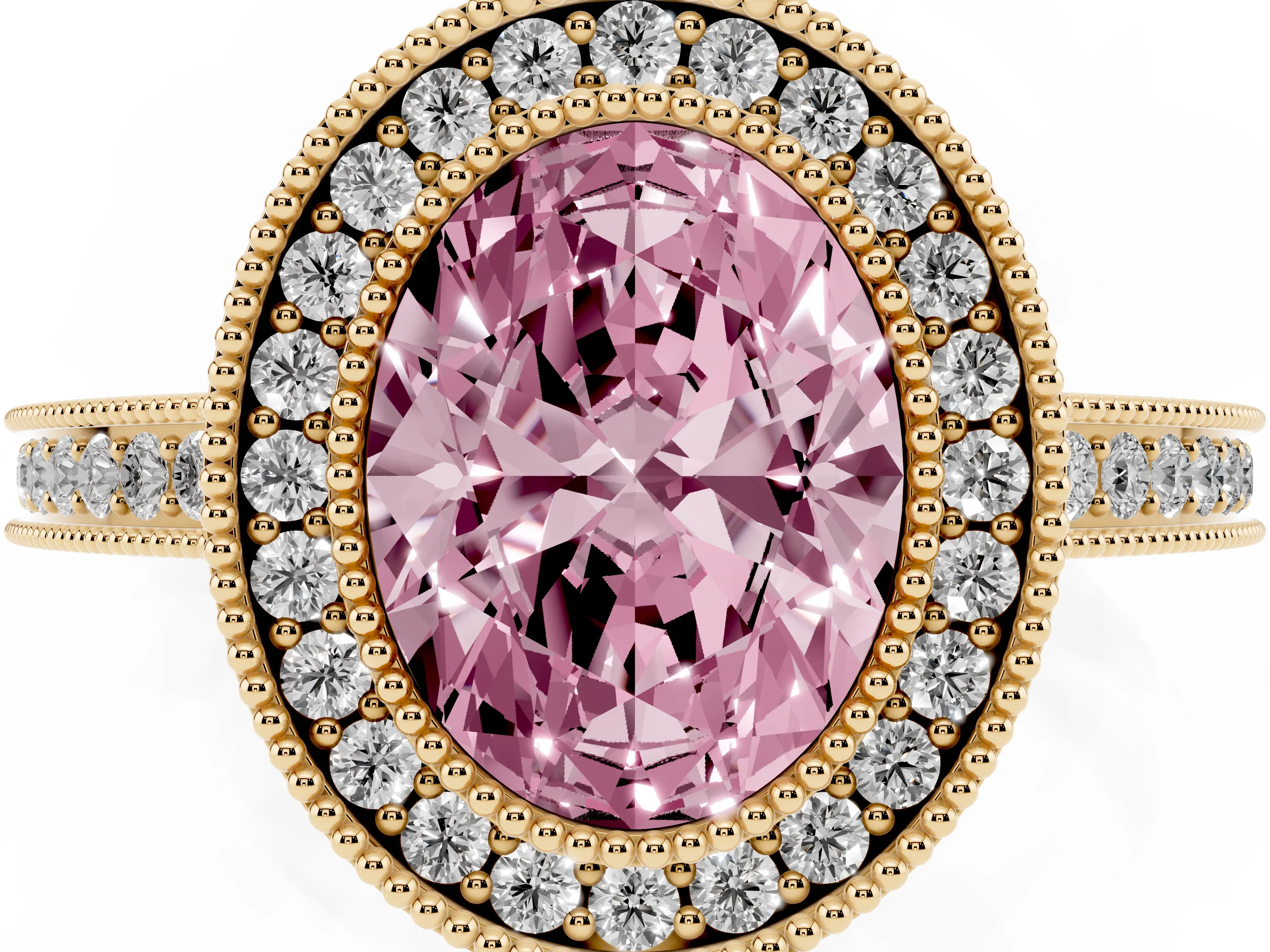 Fancy Pink Oval Cut Diamond Halo Ring Set in Yellow gold with Pavé Band and Milgrain-Edged Prongs